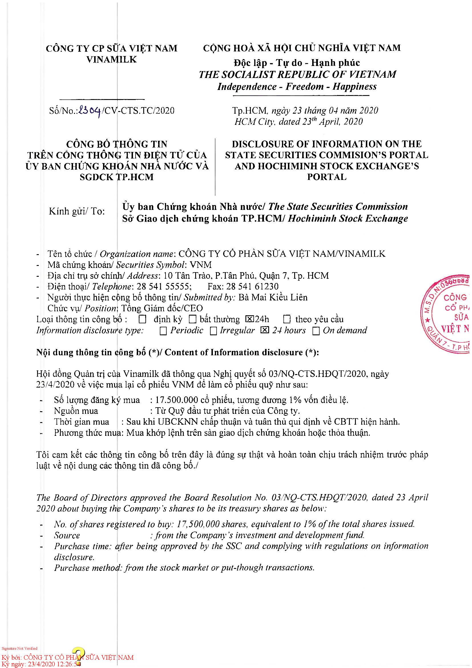 Disclosure of information about buying the company's shares to be its treasury shares 1