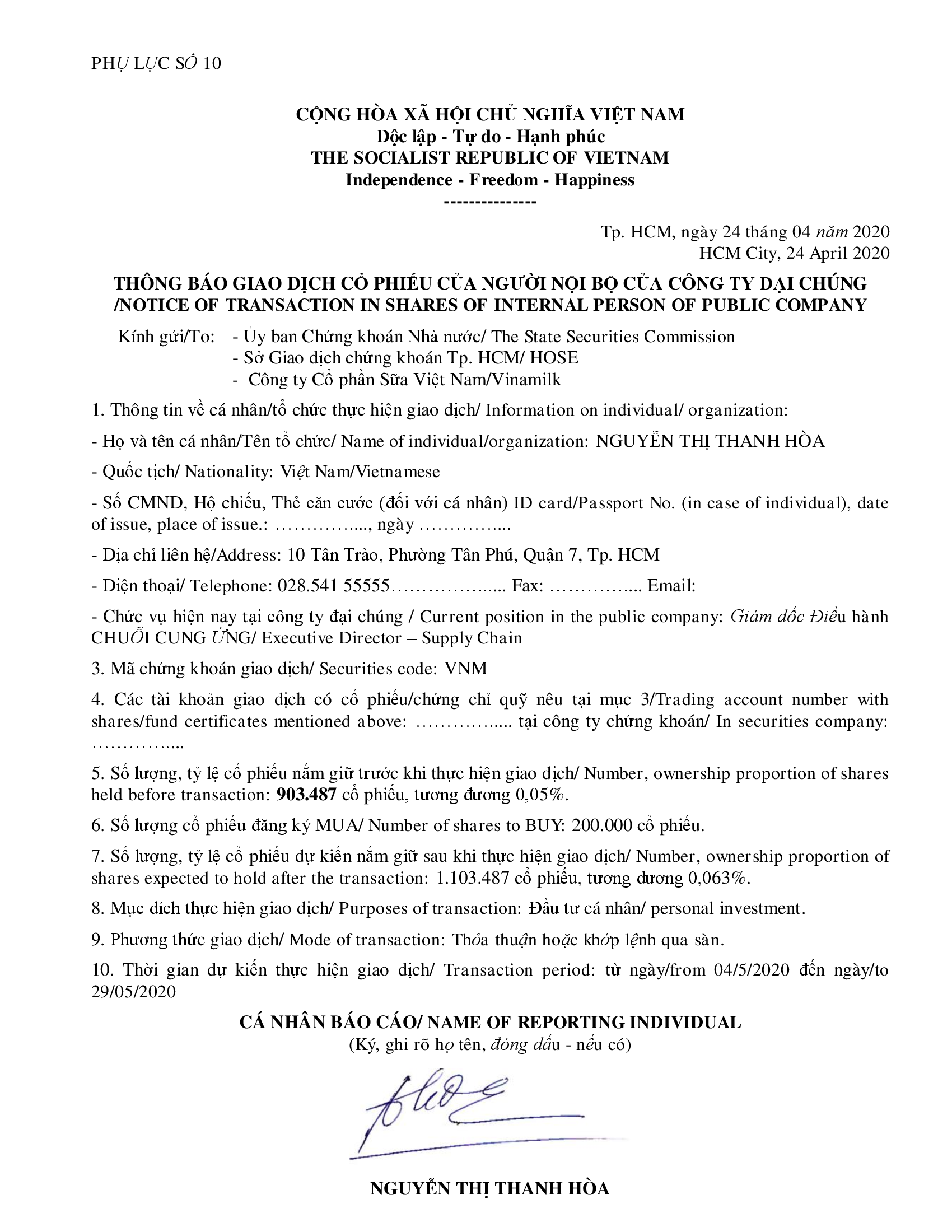 Notice of transaction in shares of internal person of public company - Ms Nguyen Thi Thanh Hoa buy 200k shares 1