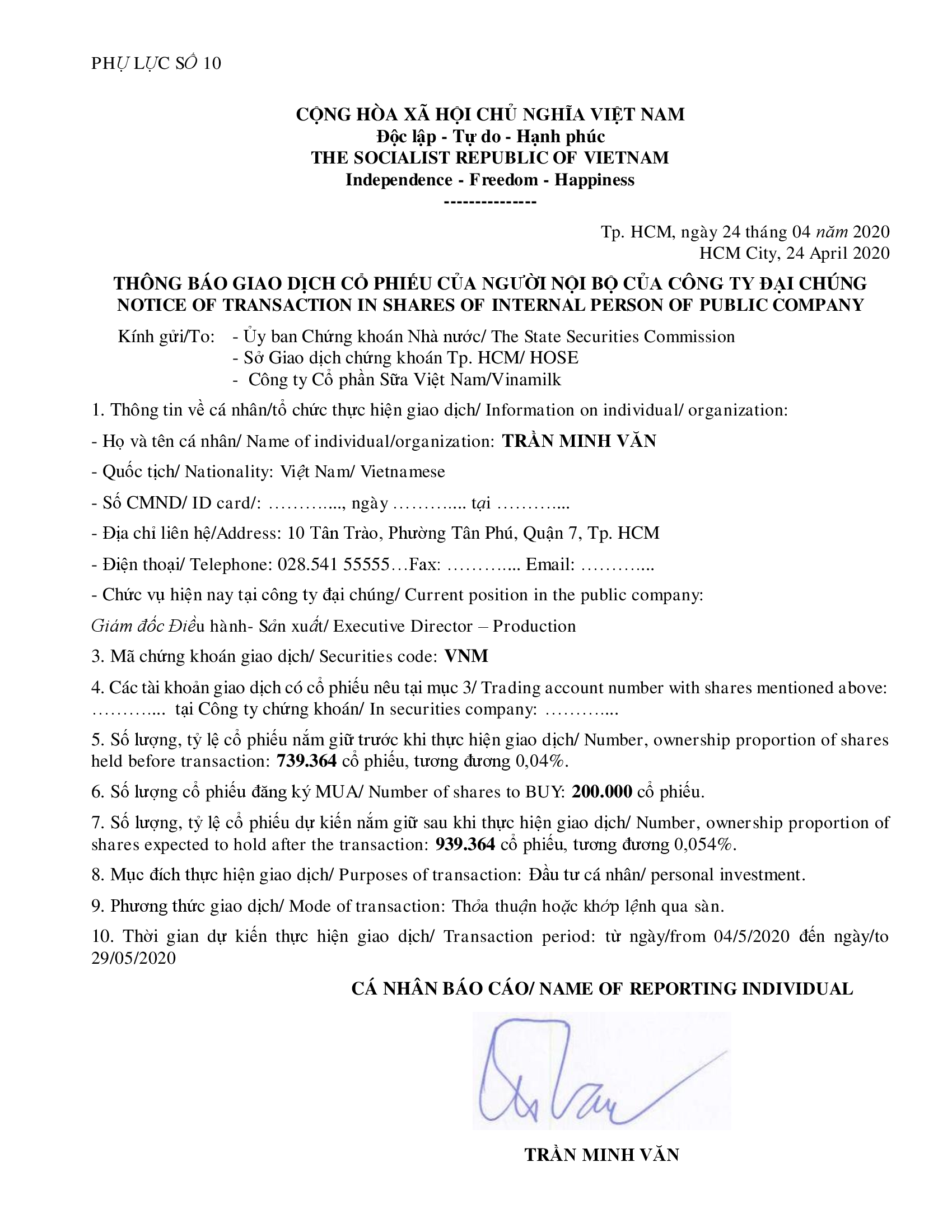 Notice of transaction in shares of internal person of public company - Mr Tran Minh Van buy 200k shares 1