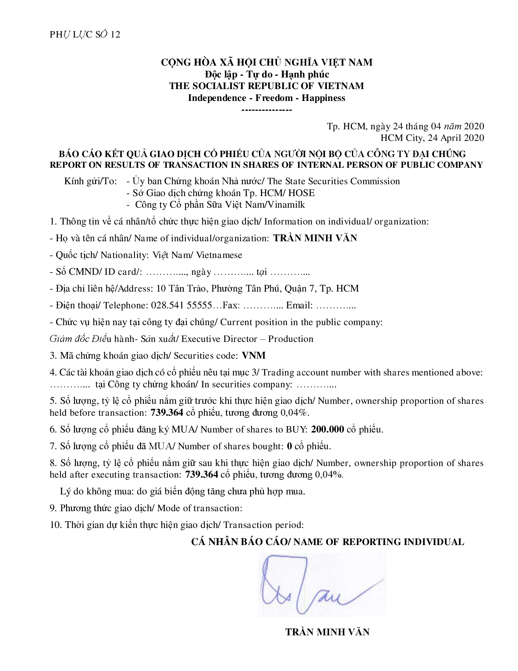 Report on results of transaction in shares of internal person of public company - Mr Trần Minh Văn buy 0 shares 1