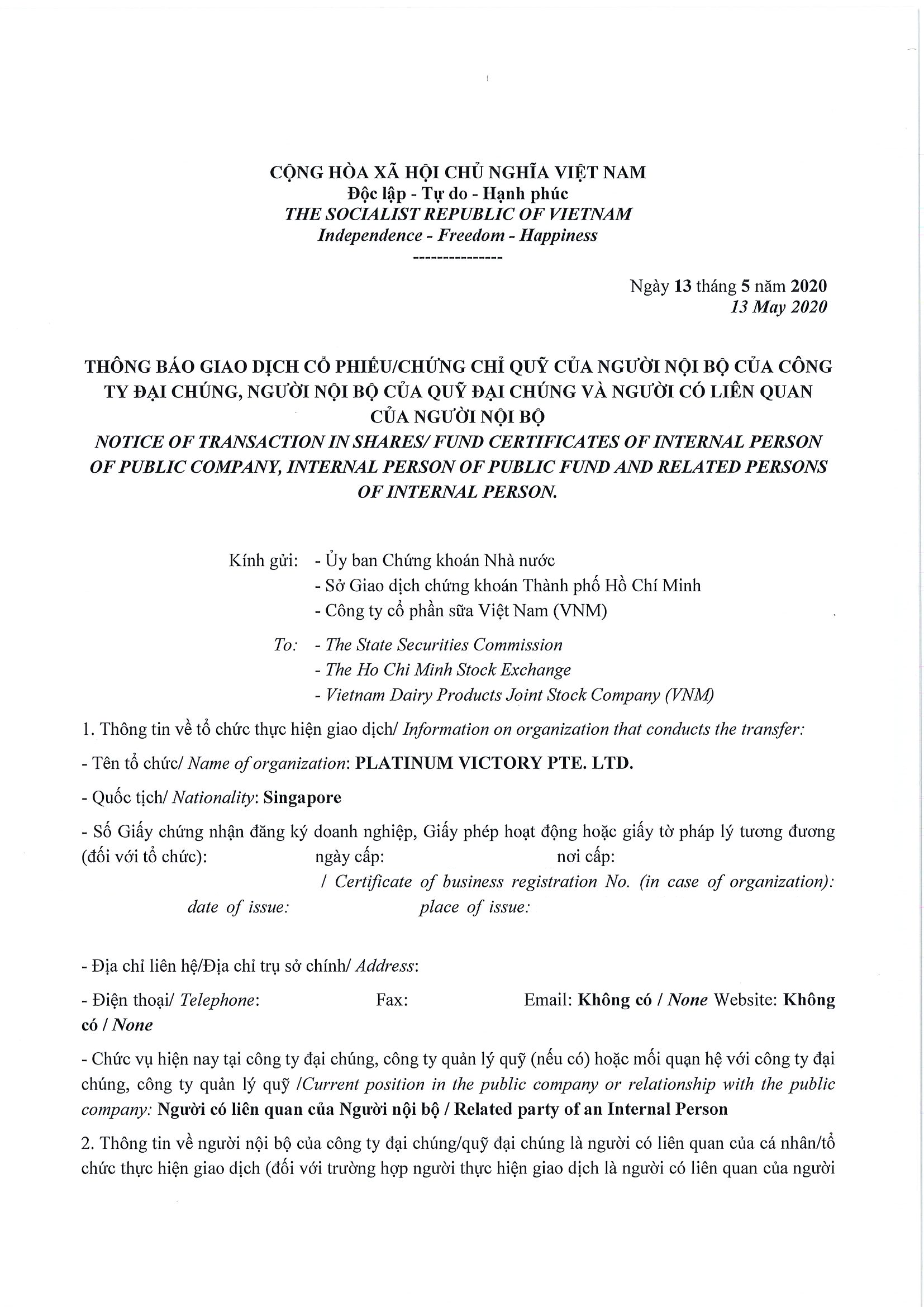 Notice of transaction of internal person from  PLATINUM VICTORY PTE. LTD. 1