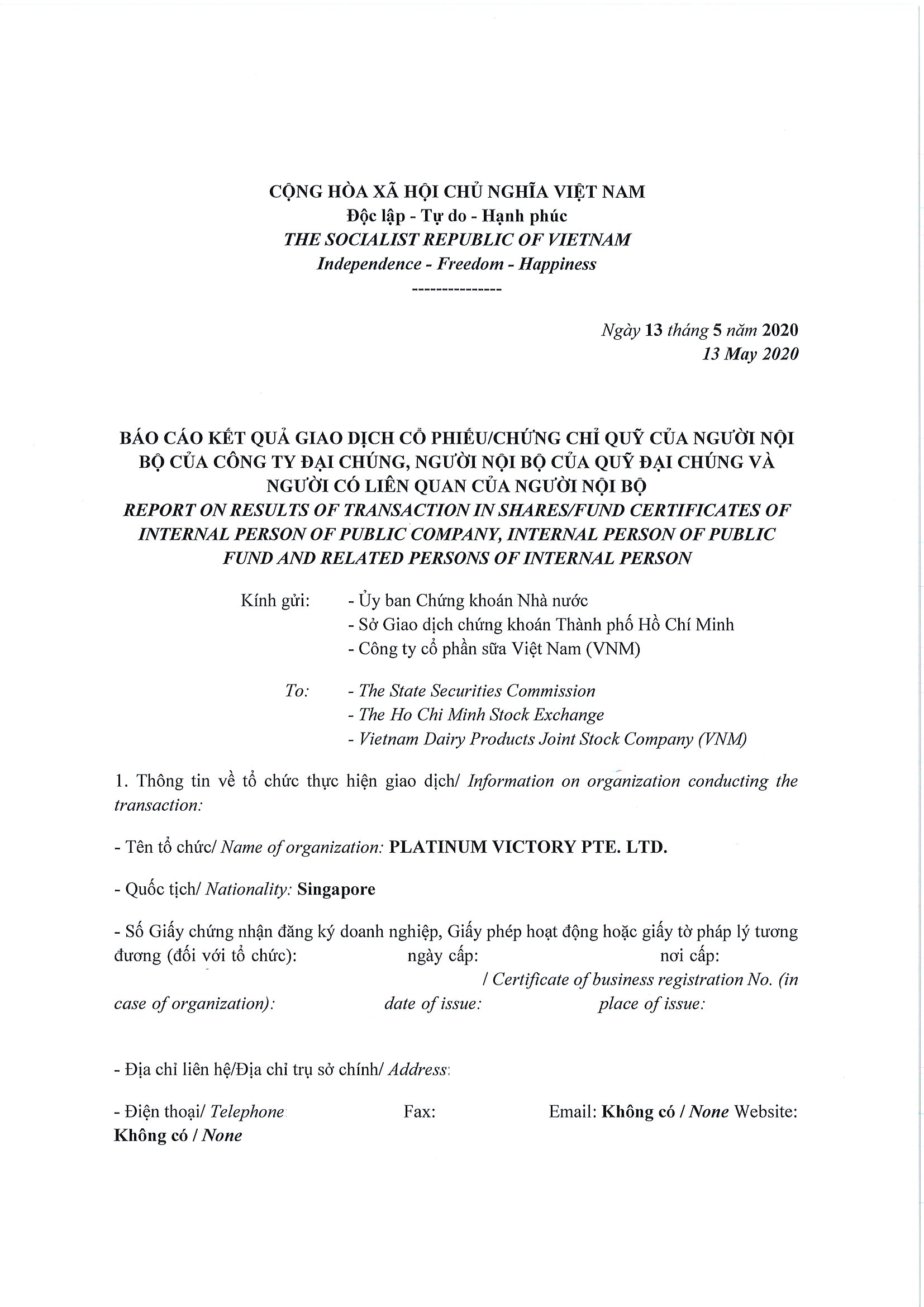 Report on results of transaction of internal person from  PLATINUM VICTORY PTE. LTD. 1