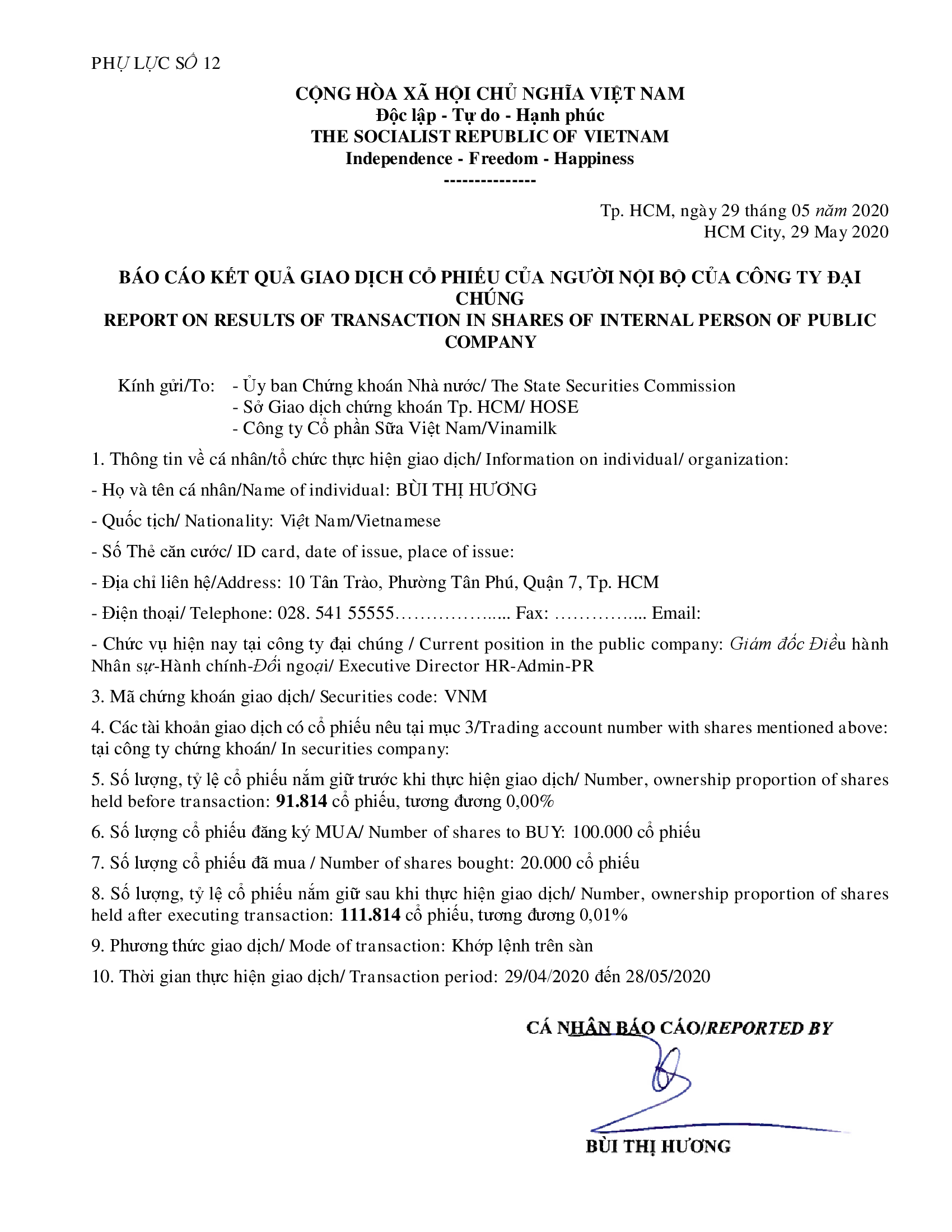 Report on results of transaction in shares of internal person of public company - Ms Bui Thi Huong buy 20k shares 1
