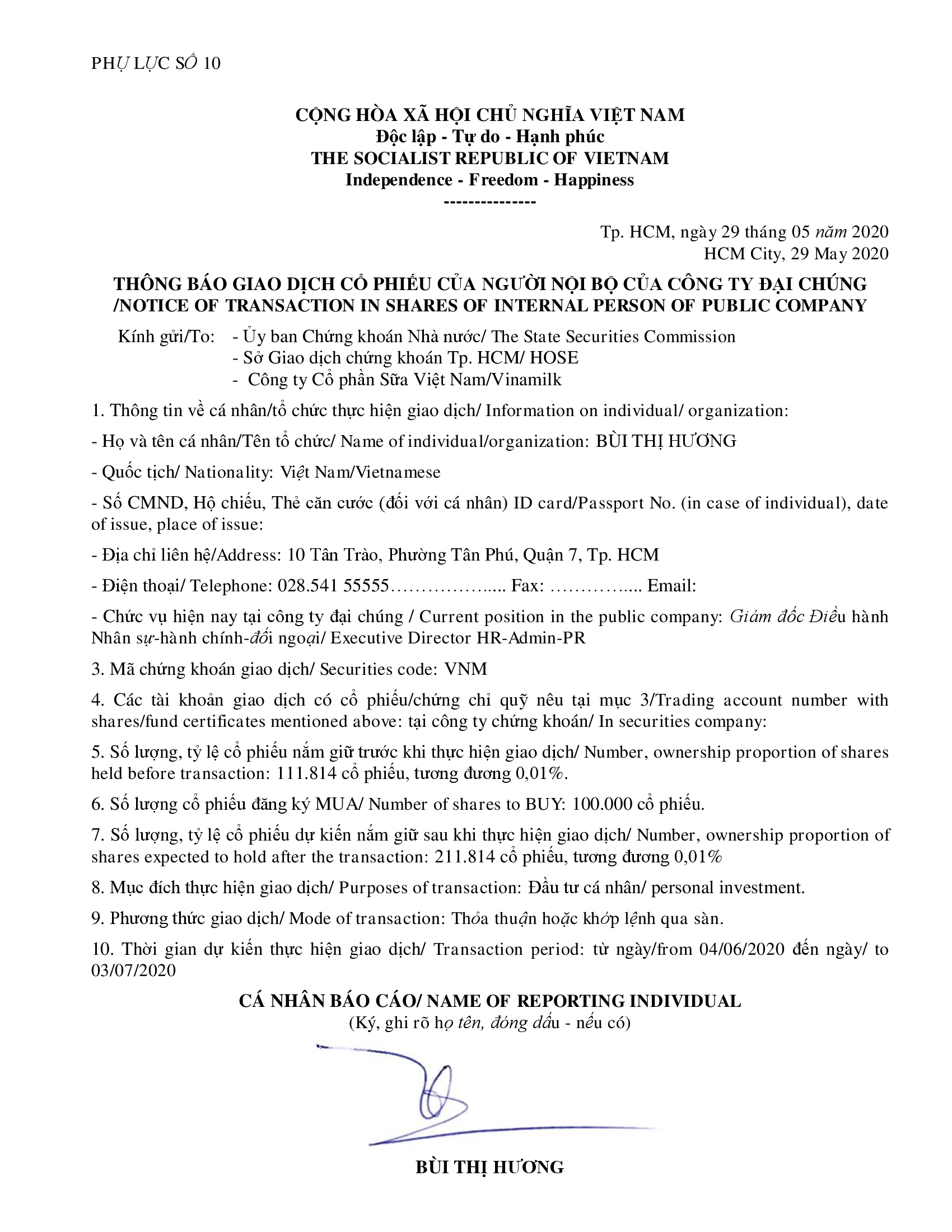 Thông báo giao dịch cổ phiếu của người nội bộ của công ty đại chúng - Bùi Thị Hương mua 100k cổ phiếu 1