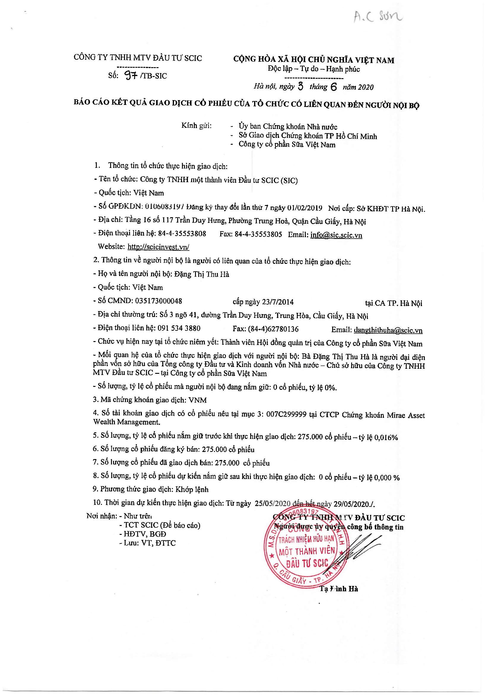 Báo cáo kết quả giao dịch cổ phiếu của tổ chức có liên quan đến người nội bộ 1