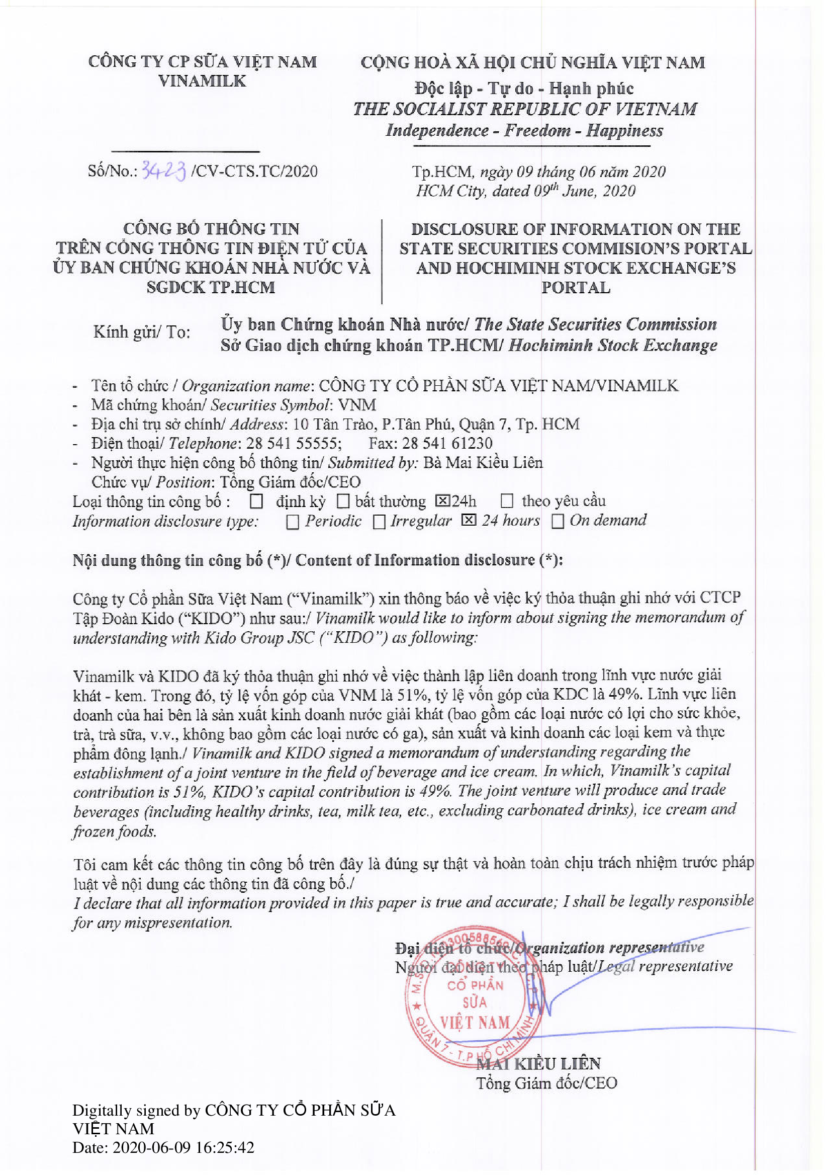 Disclosure of information about signing the memorandum of understanding with Kido group JSC 1