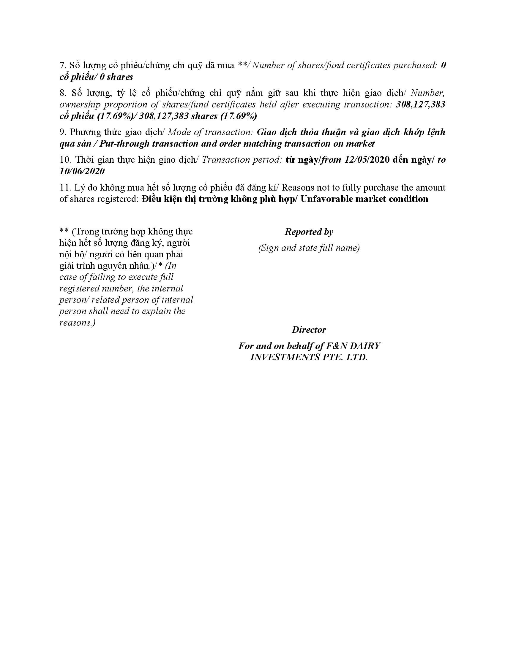 Báo cáo kết quả giao dịch của Người Nội bộ: F&N DAIRY INVESTMENTS PTE. LTD 3