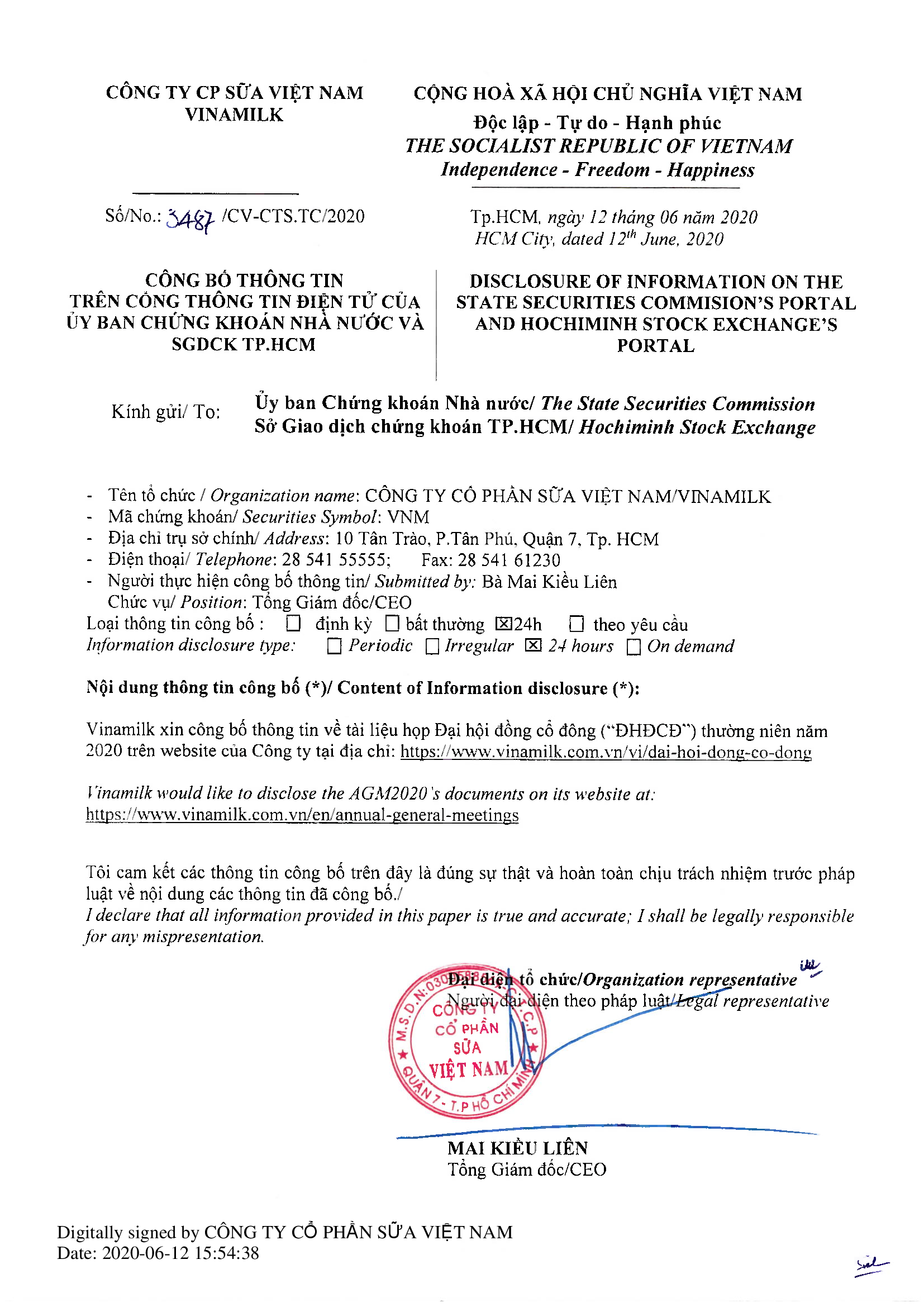 Disclosure of information on the State Securities Commision’s portal and Hochiminh stock exchange’s portal 1