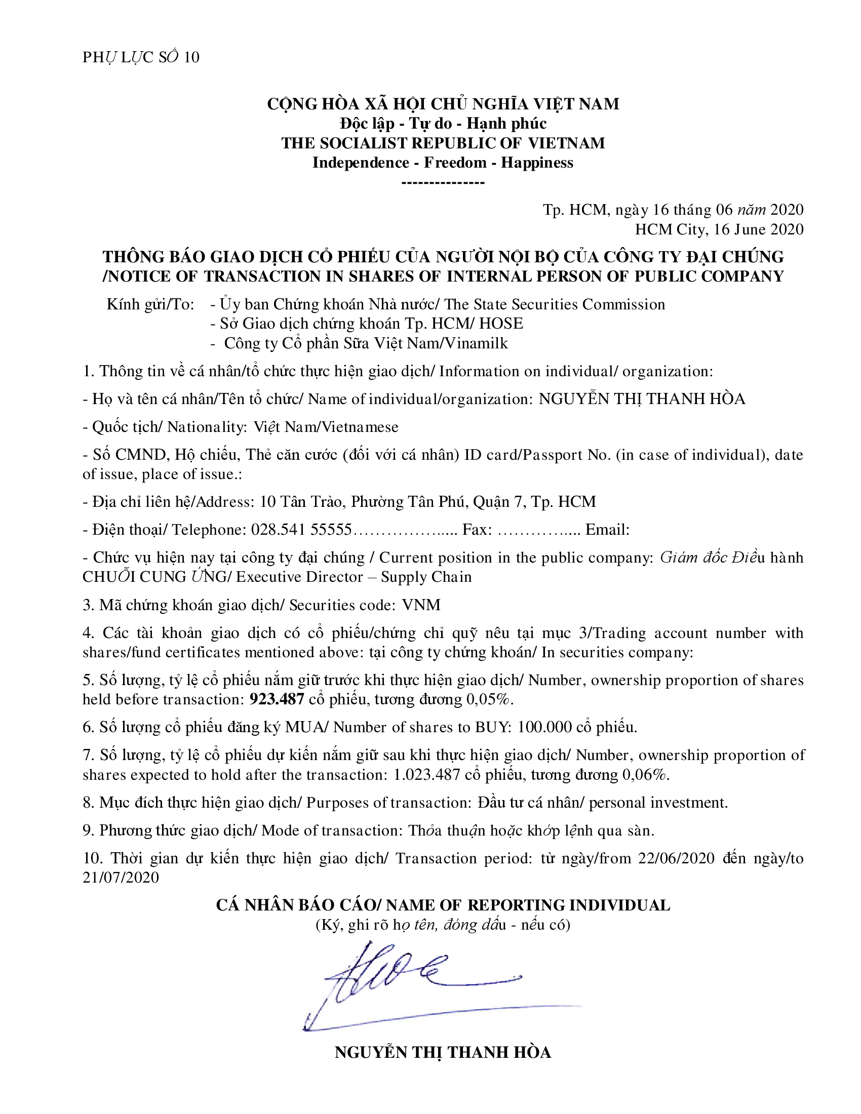 Notice of transaction in shares of internal person of public company - Ms Nguyen Thi Thanh Hoa buy 100k shares 1