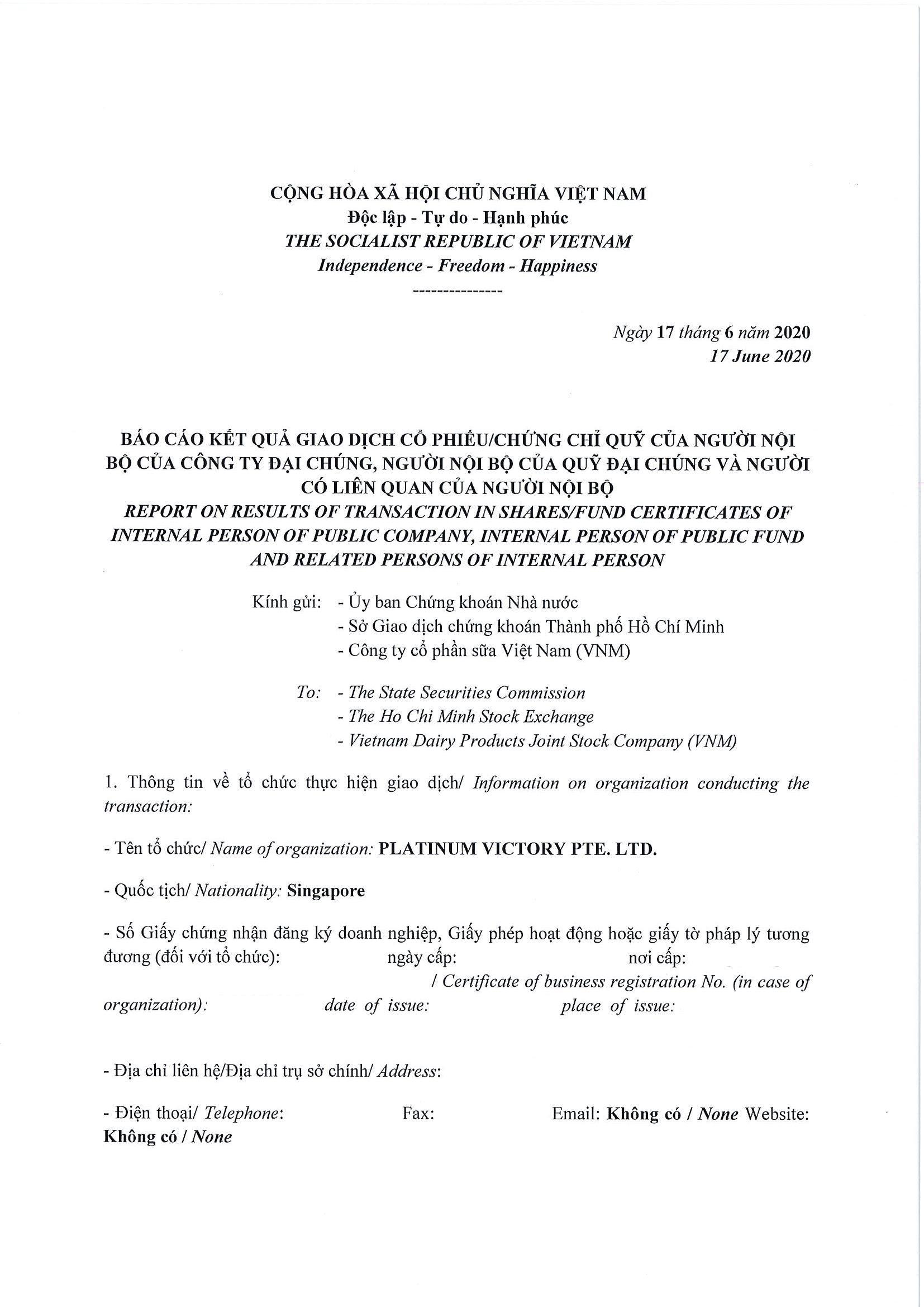 Report on results of transaction of internal person from  PLATINUM VICTORY PTE. LTD. 1