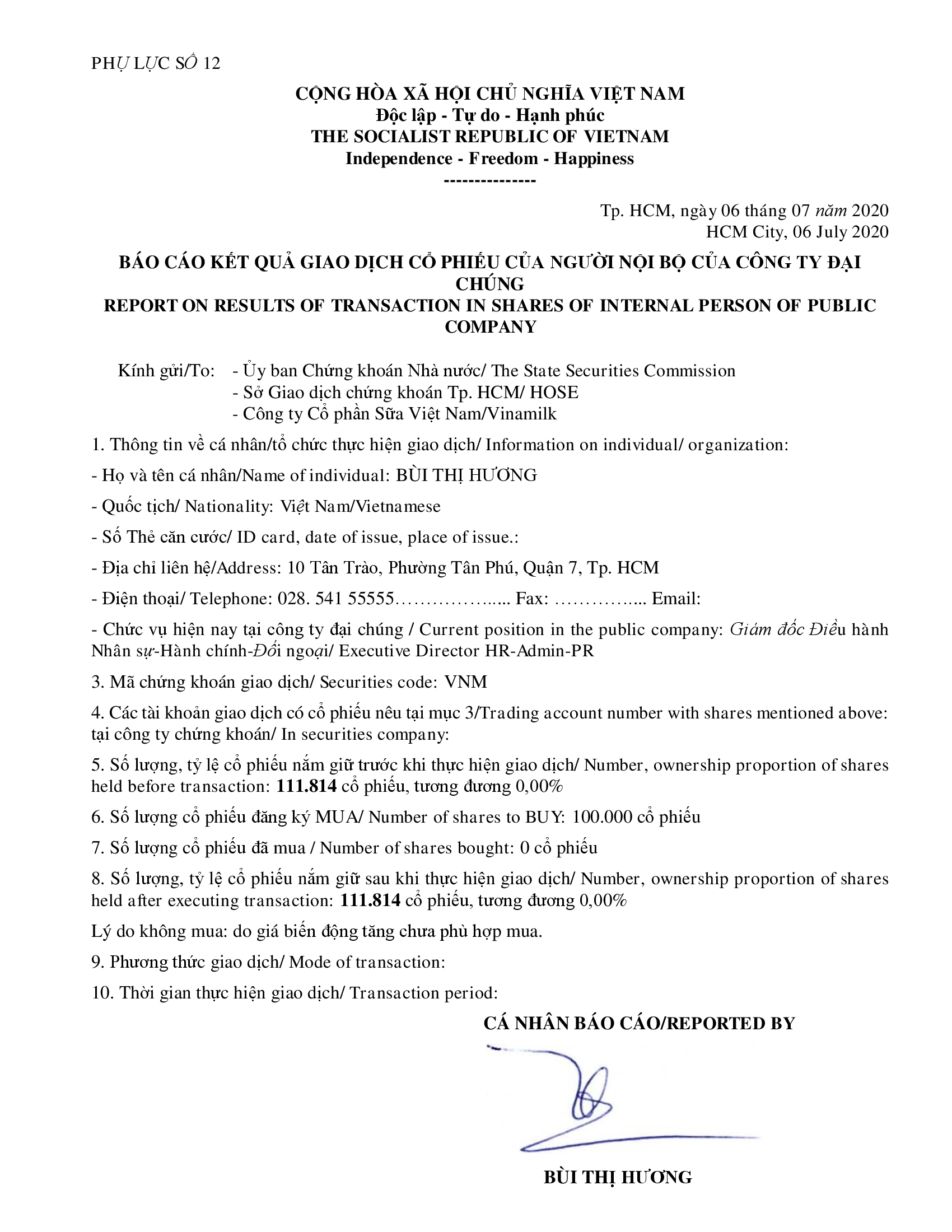 Report on results of transaction in shares of internal person of public company - Ms Bui Thi Huong buy 0 shares 1