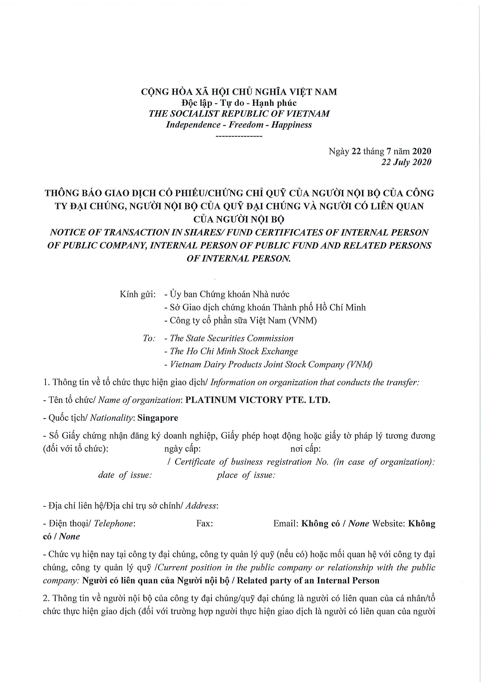 Notice of transaction of internal person from PLATINUM VICTORY PTE. LTD. 1