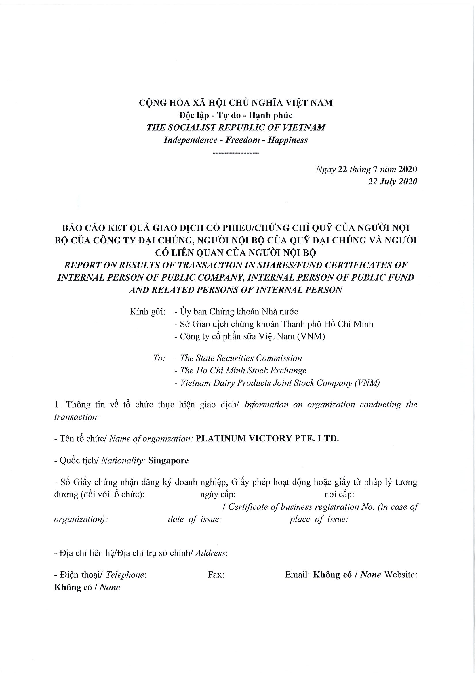 Báo cáo kết quả giao dịch của Người Nội bộ: PLATINUM VICTORY PTE. LTD. 1