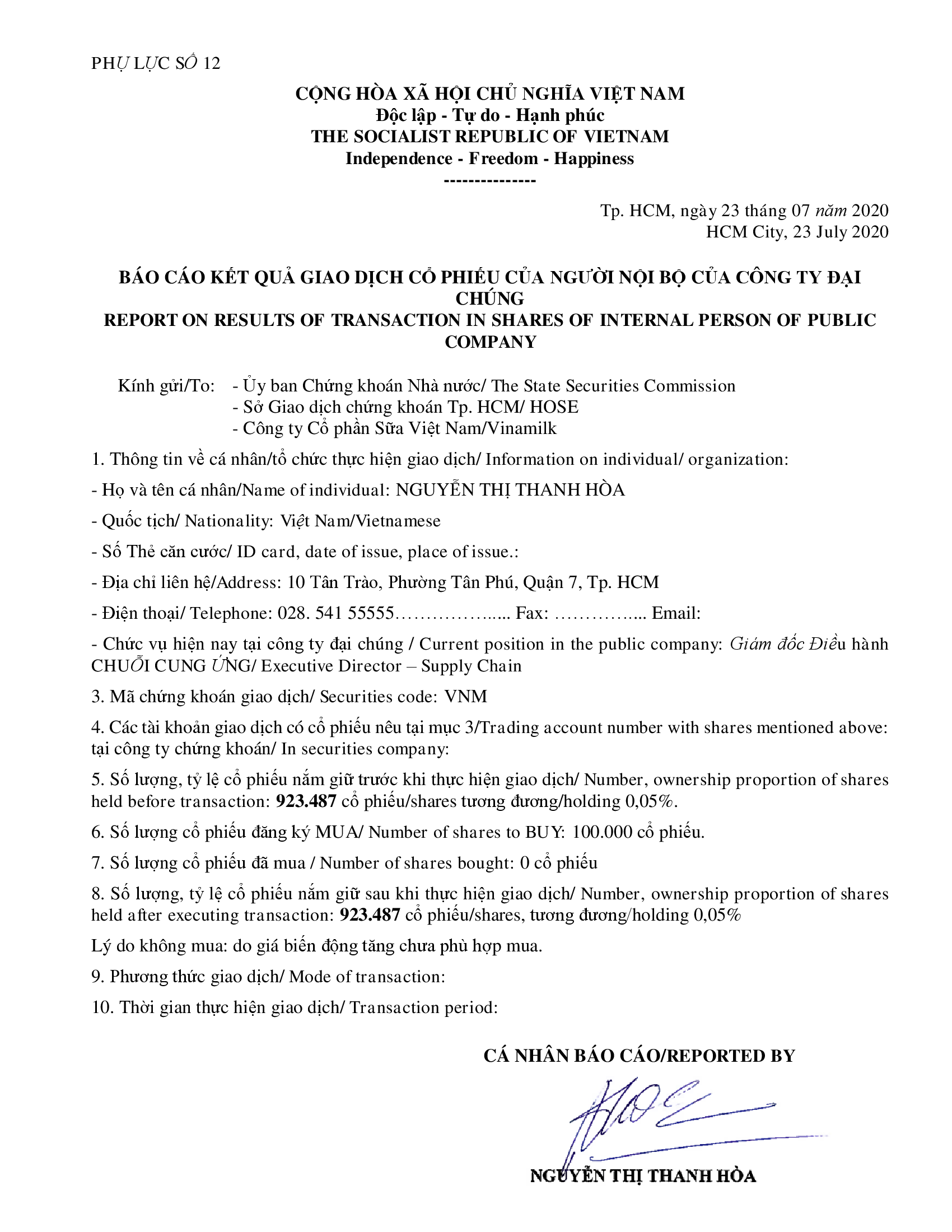 Báo cáo kết quả giao dịch cổ phiếu của người nội bộ của công ty đại chúng – Bà Nguyễn Thị Thanh Hòa mua 100k cổ phiếu 1