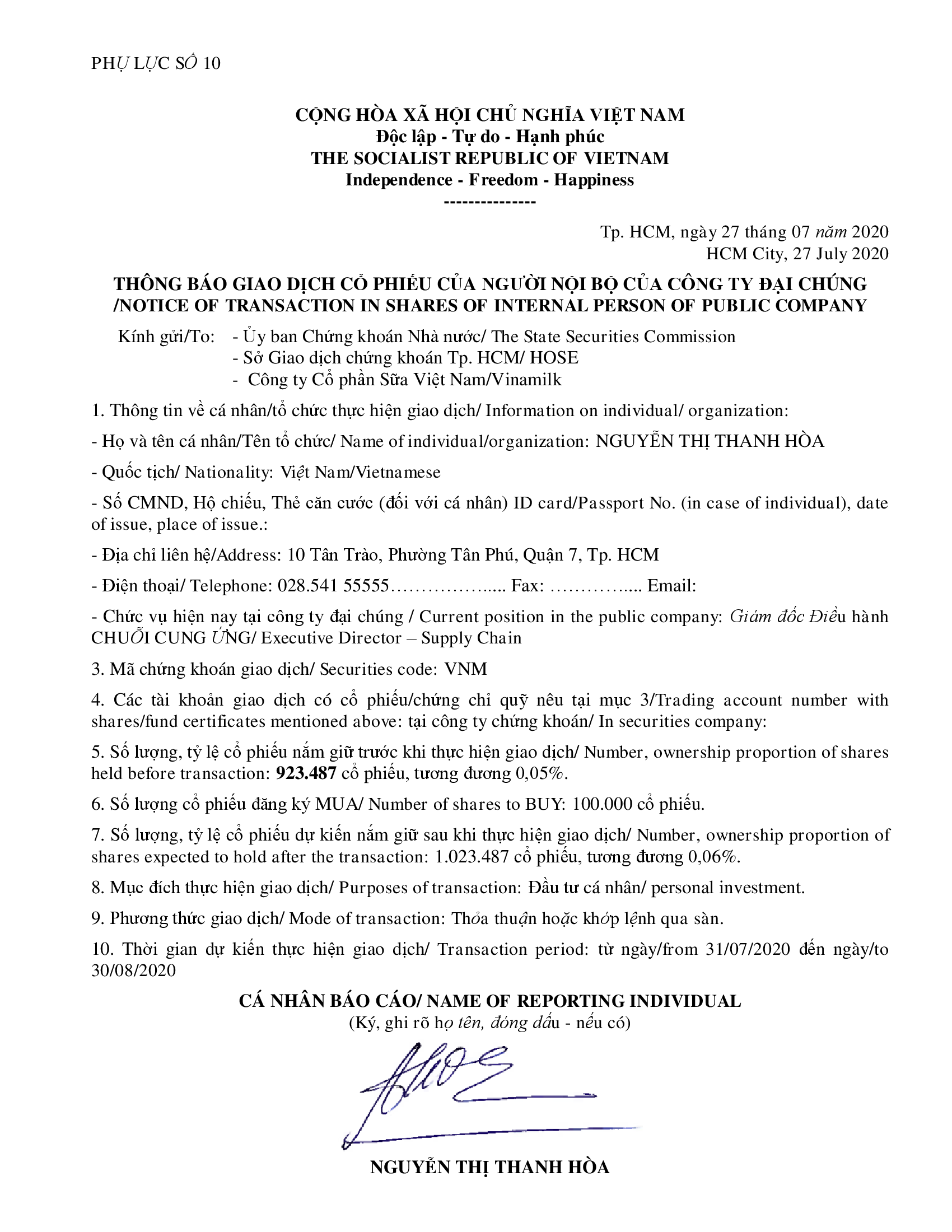 Notice of transaction in shares of internal person of public company - Ms Nguyen Thi Thanh Hoa buy 100k shares 1