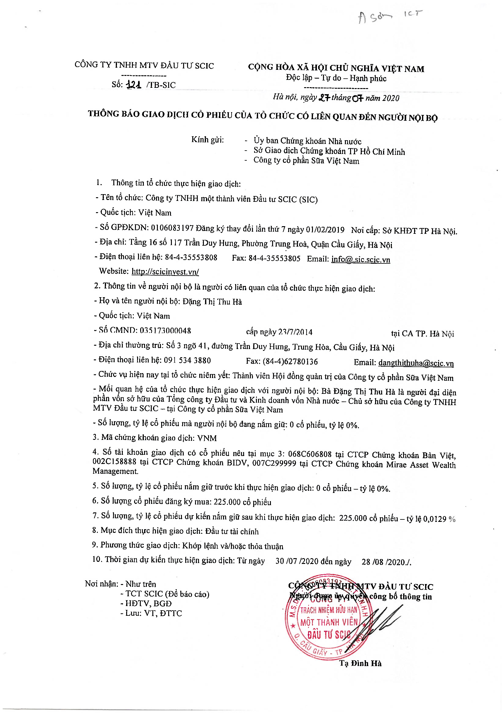 Thông báo giao dịch cố phiếu của tổ chức có liên quan đến người nội bộ 1