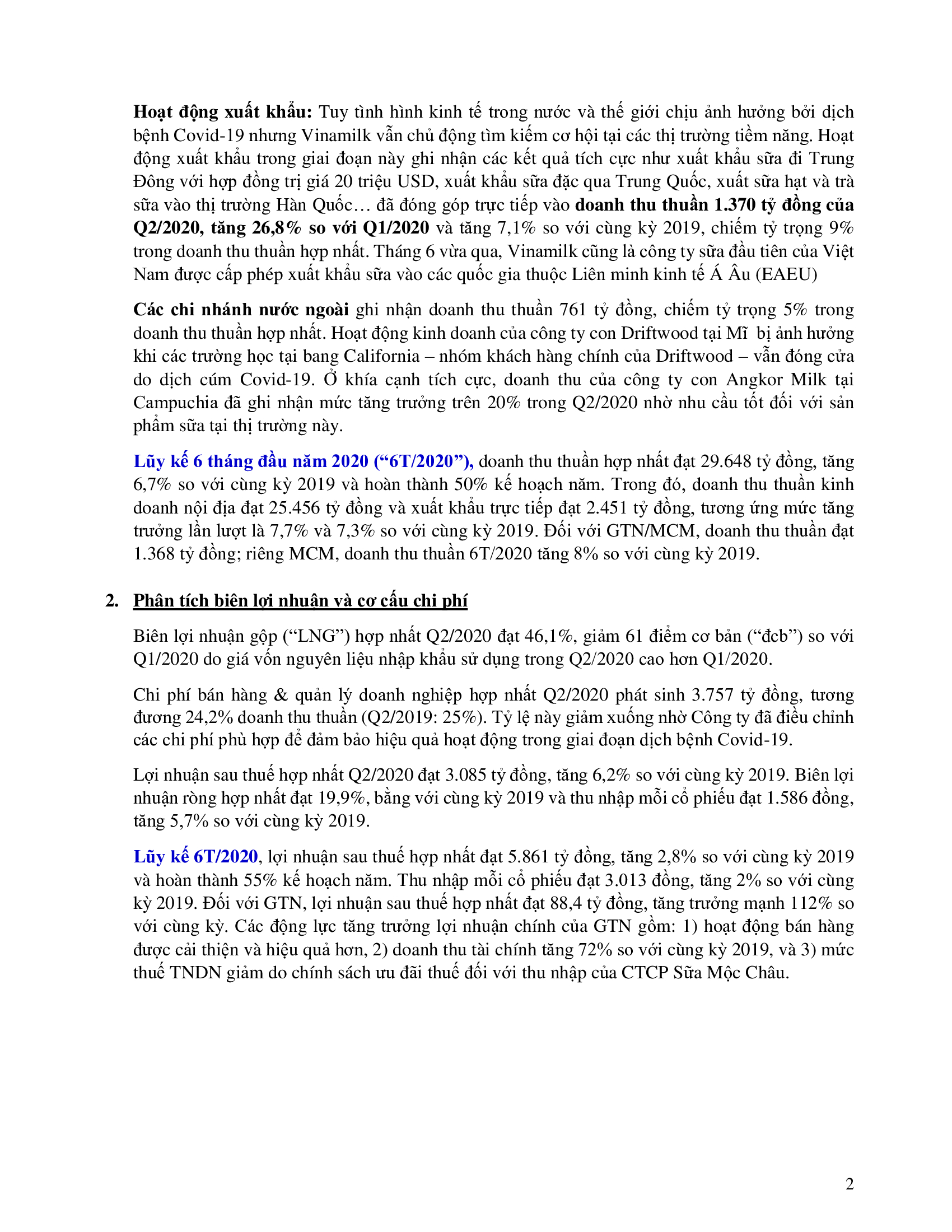 Cập nhật Kết quả kinh doanh quý 2 năm 2020 2