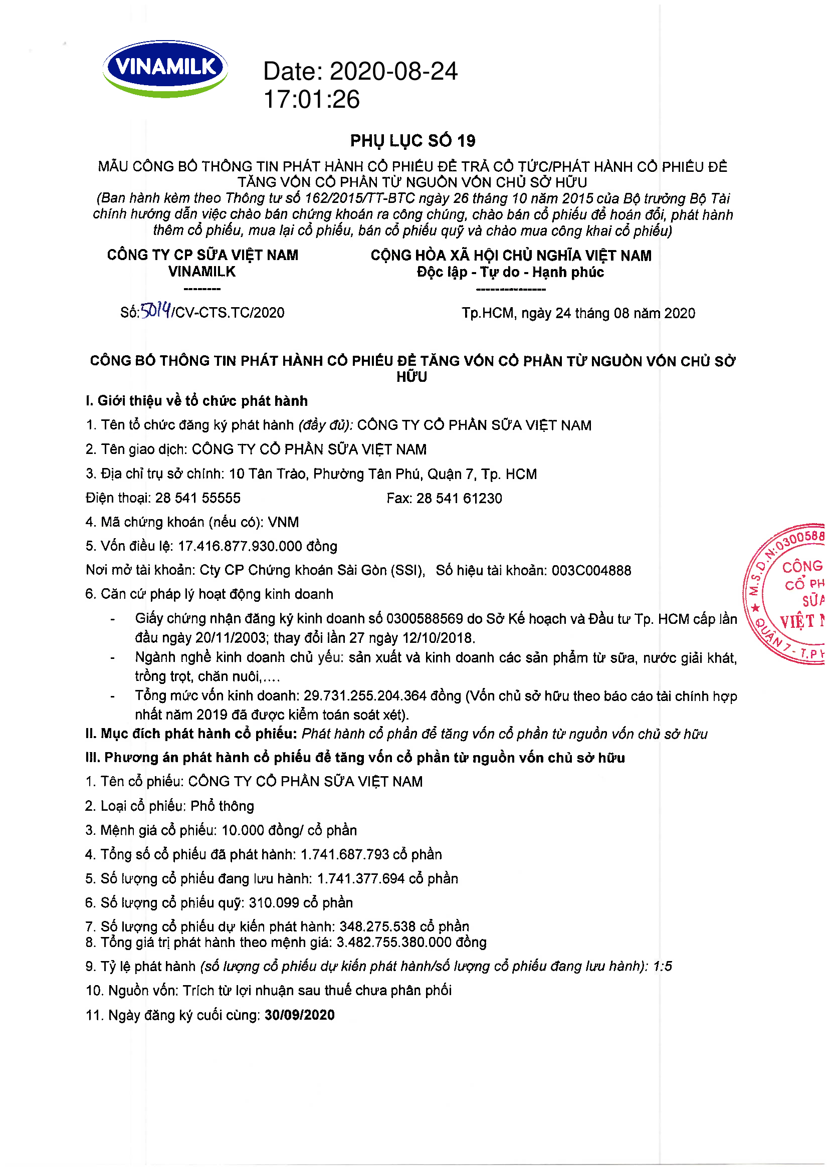 Công bố thông tin phát hành cổ phiếu để tăng vốn cổ phẩn từ nguồn vốn chủ sở hữu 1