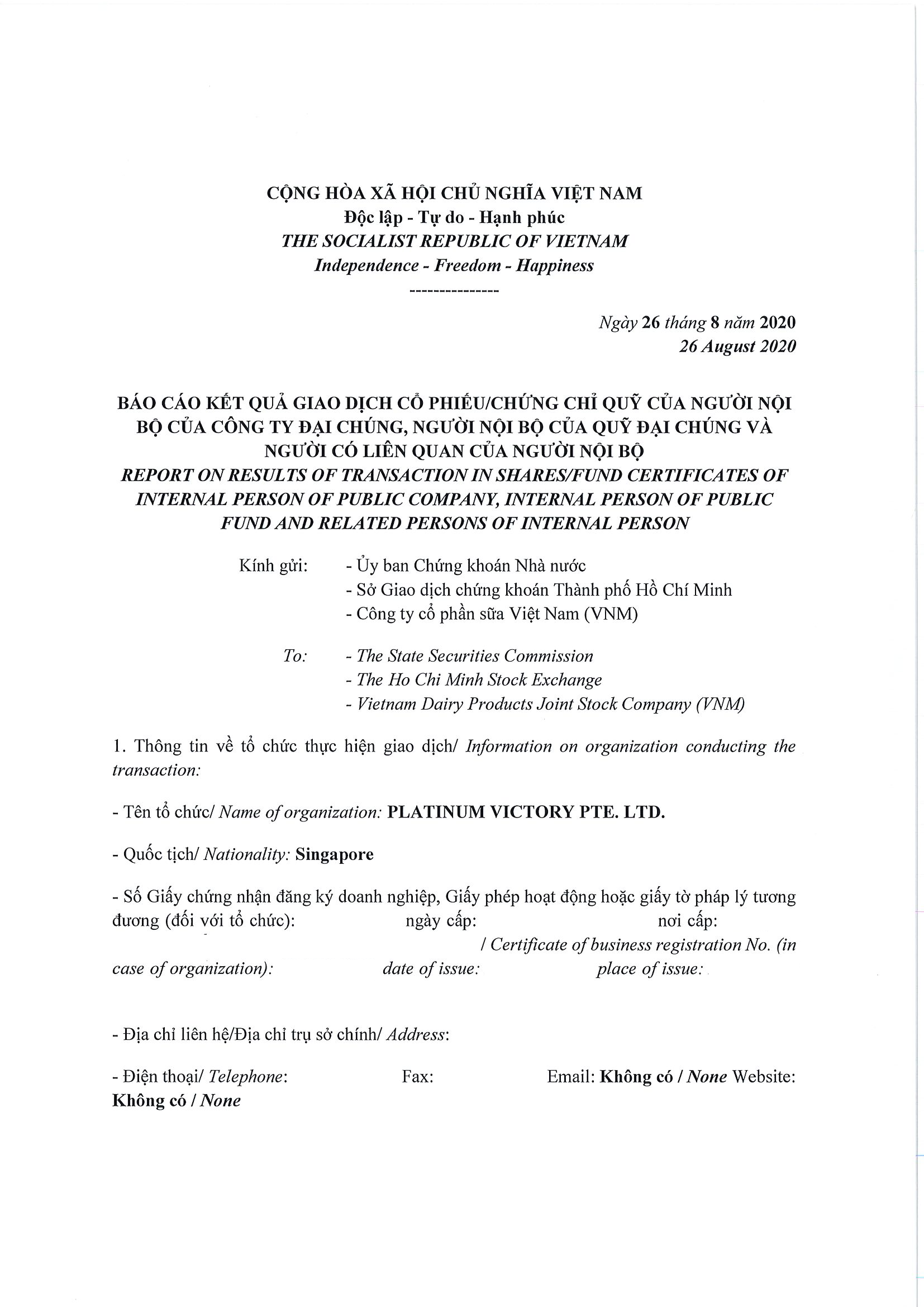 Report on results of transaction of internal person from PLATINUM VICTORY PTE. LTD. 1