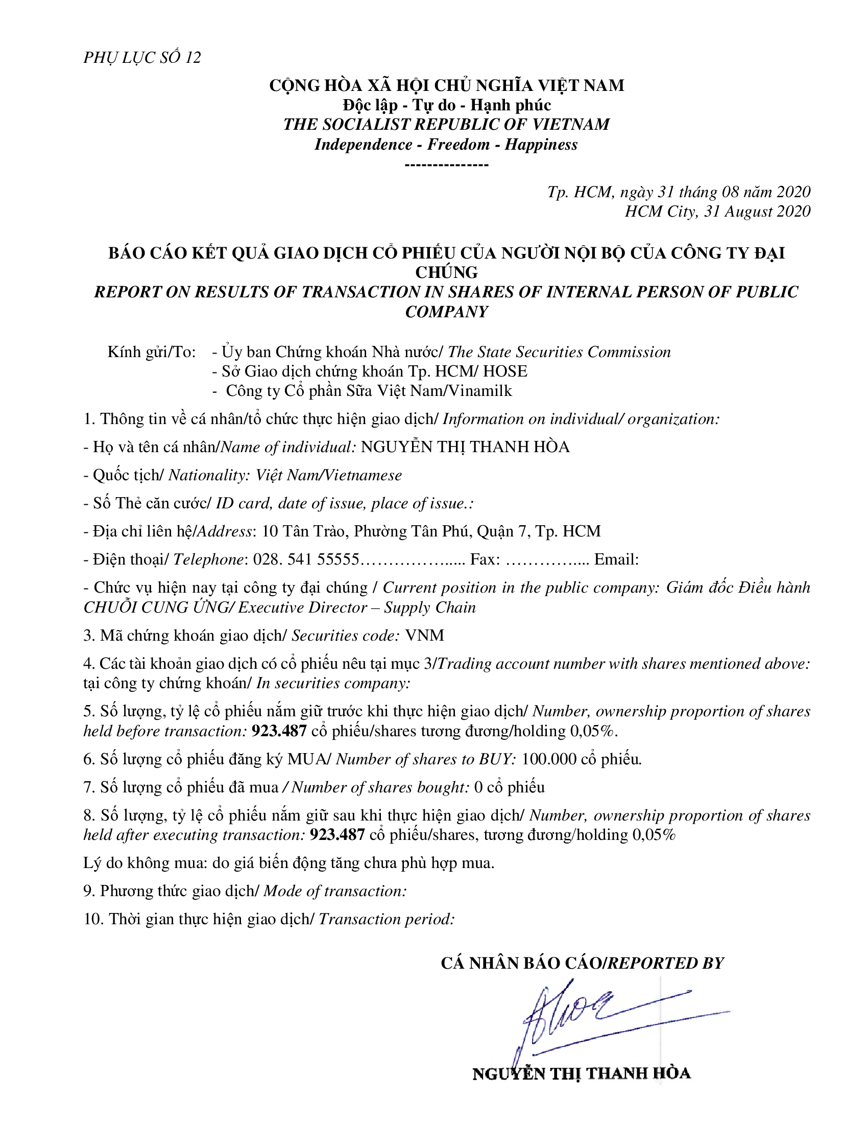 Report on results of transaction in shares of internal person of public company - Ms Nguyen Thi Thanh Hoa buy 0 shares 1