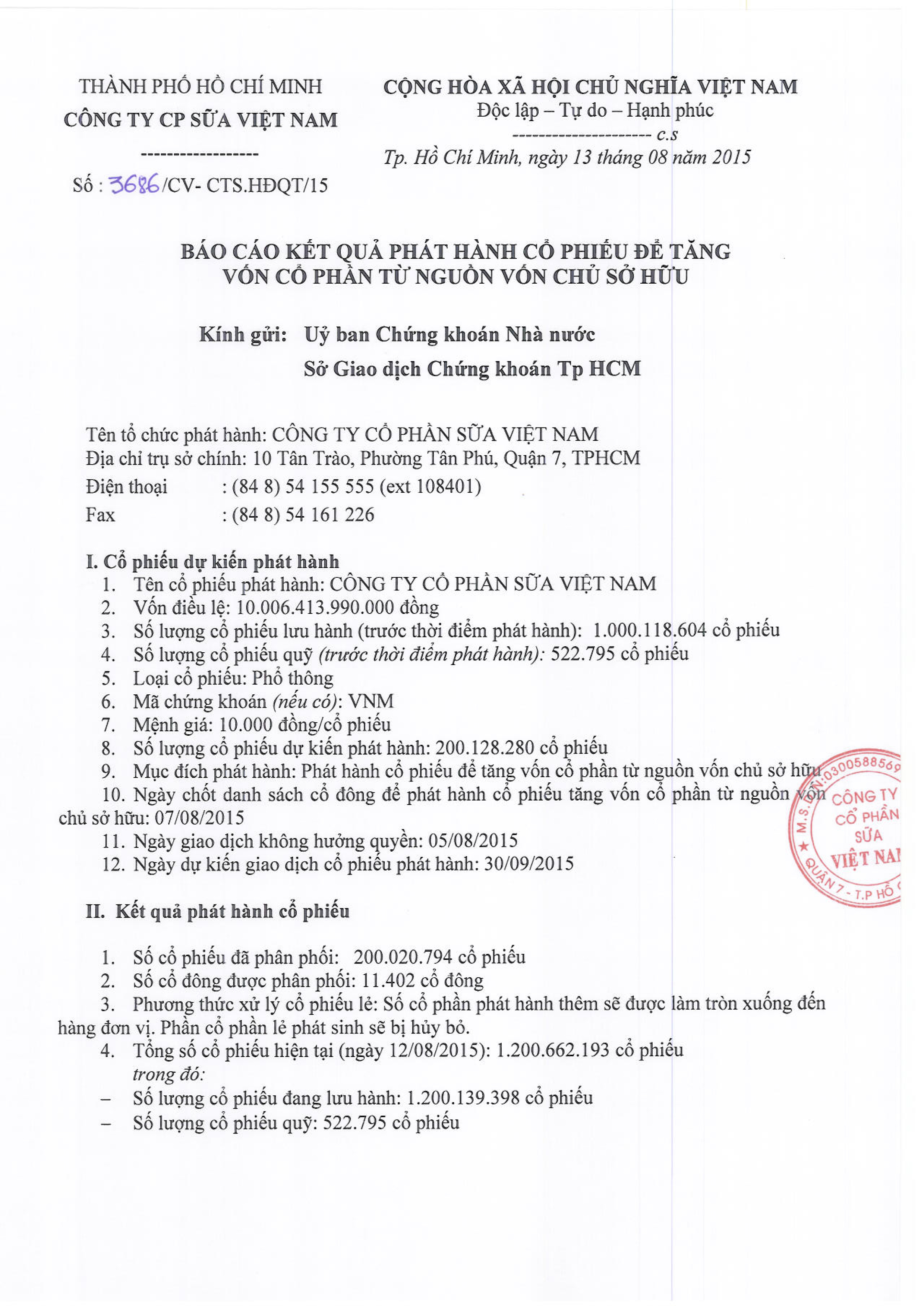 Báo cáo kết quả phát hành cổ phiếu để tăng vốn cổ phần từ nguồn vốn chủ sở hữu 1