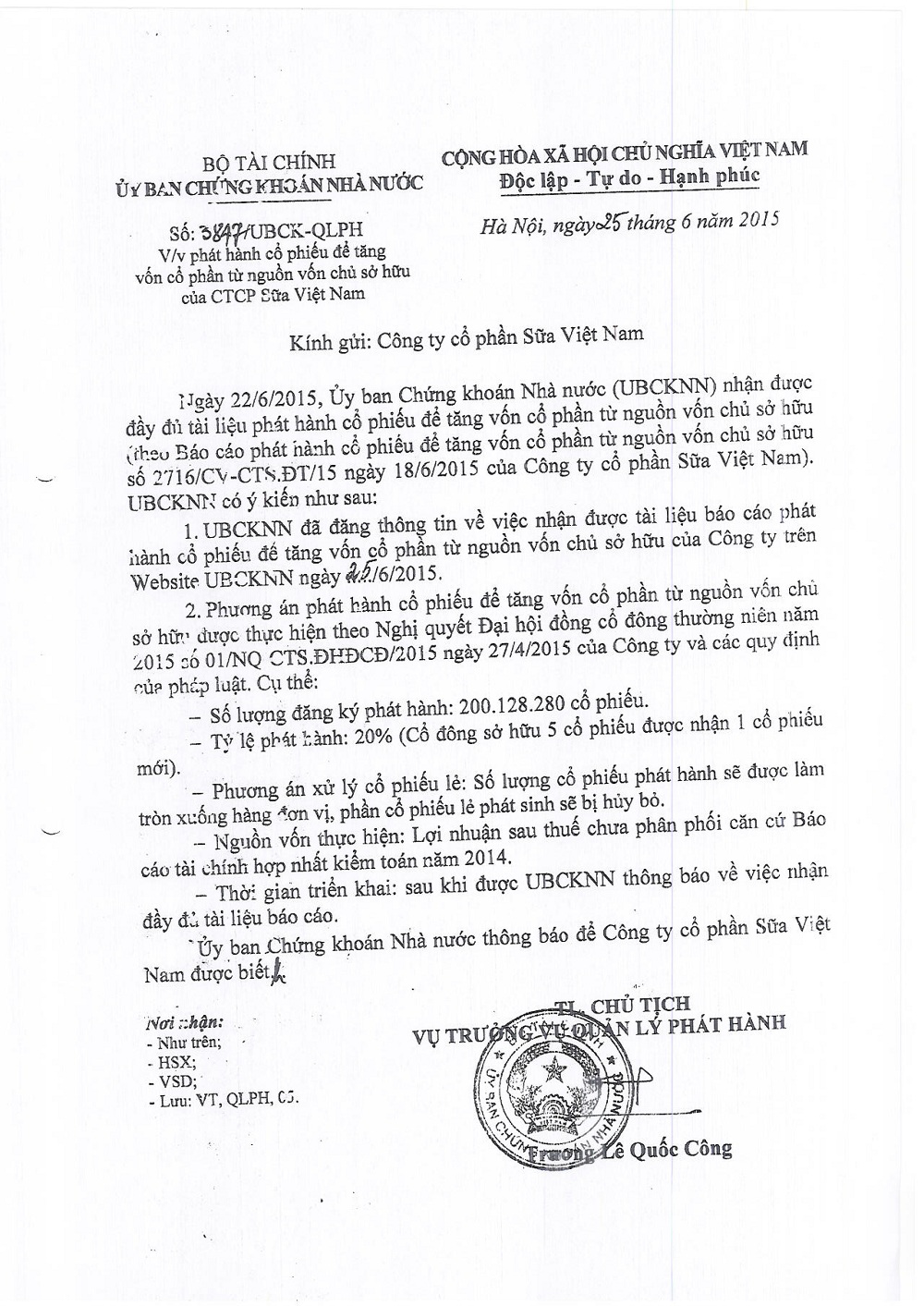 Báo cáo kết quả phát hành cổ phiếu để tăng vốn cổ phần từ nguồn vốn chủ sở hữu 3