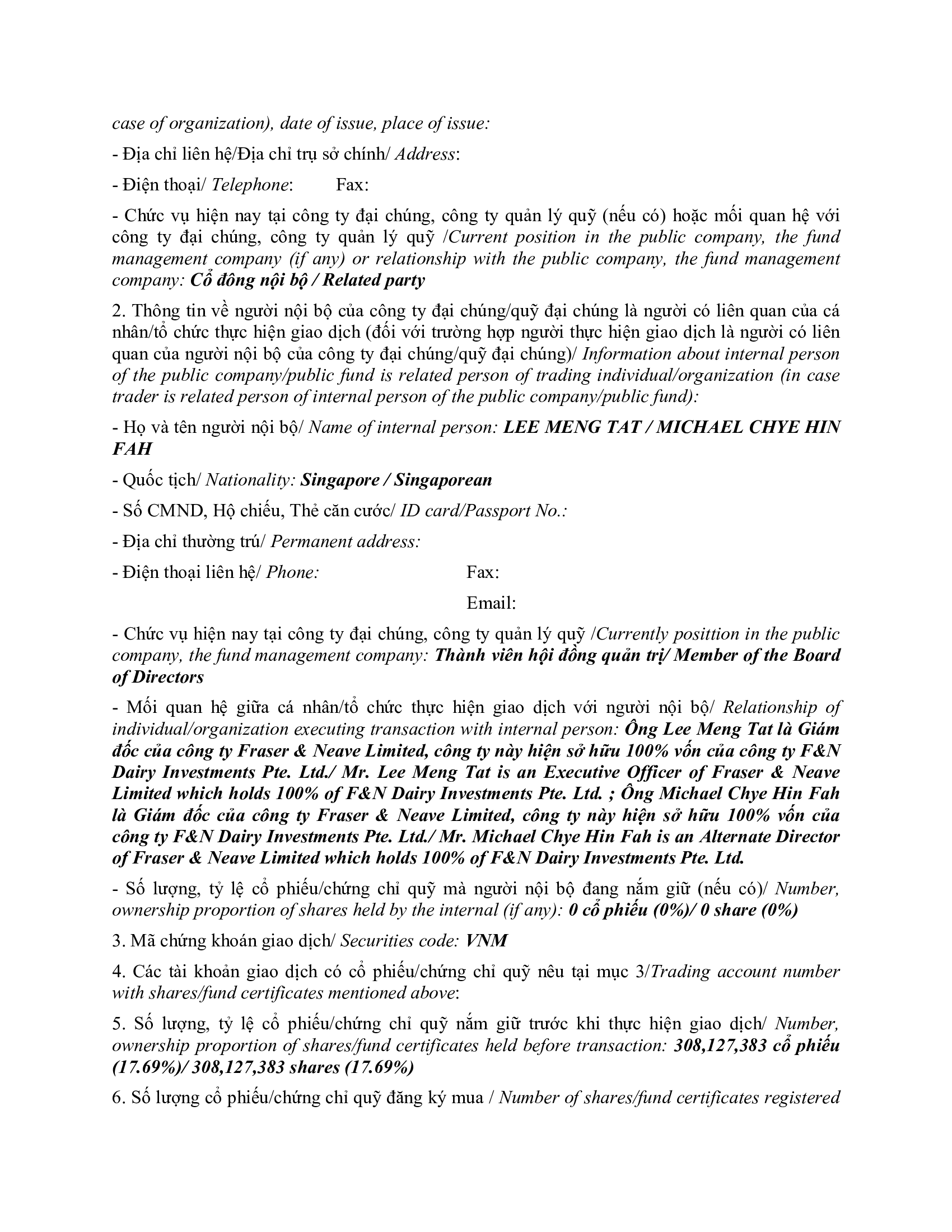 Notice of transaction of internal person from F&N DAIRY INVESTMENTS PTE. LTD 2