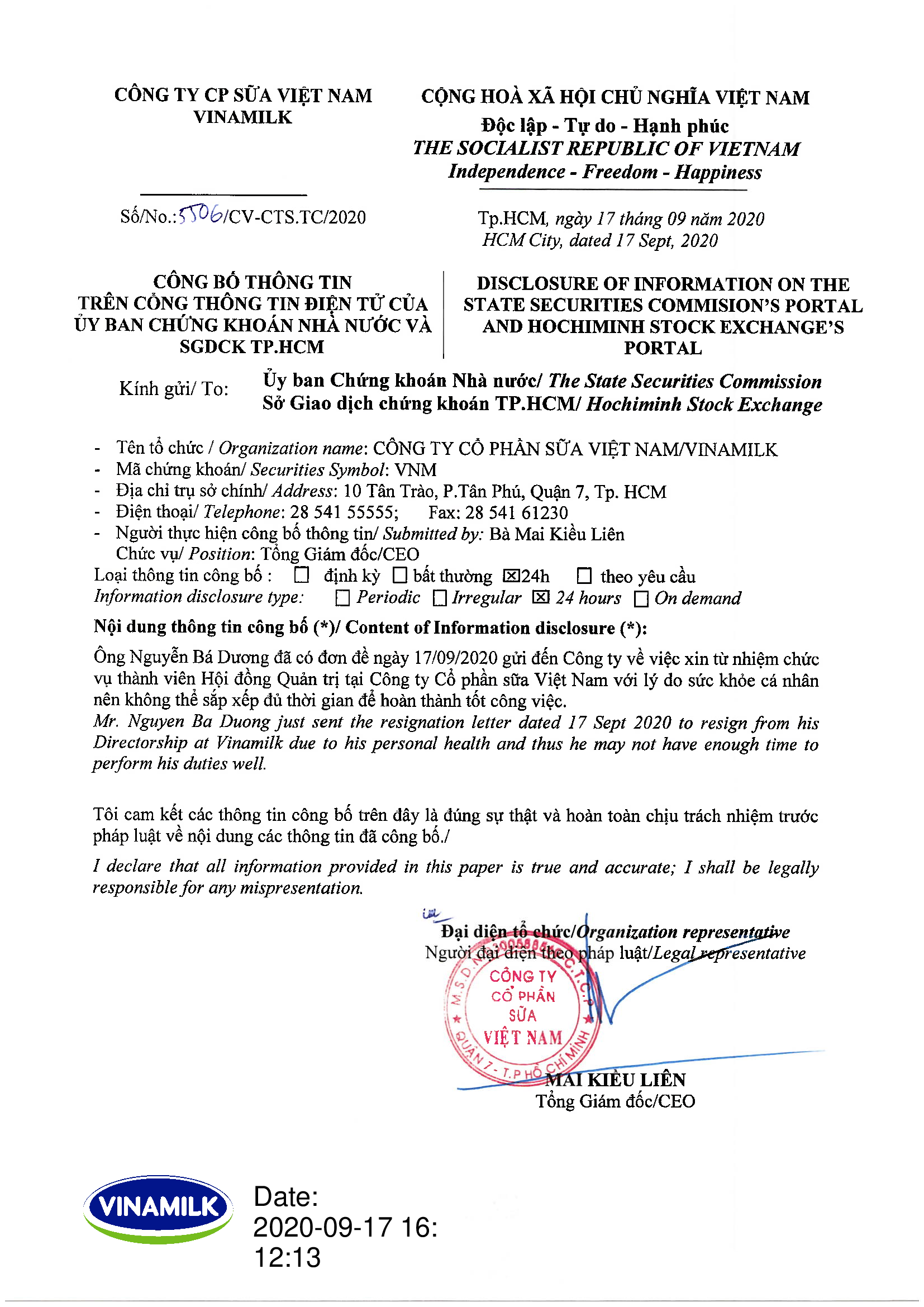 Công bố thông tin thành viên HĐQT từ nhiệm 1