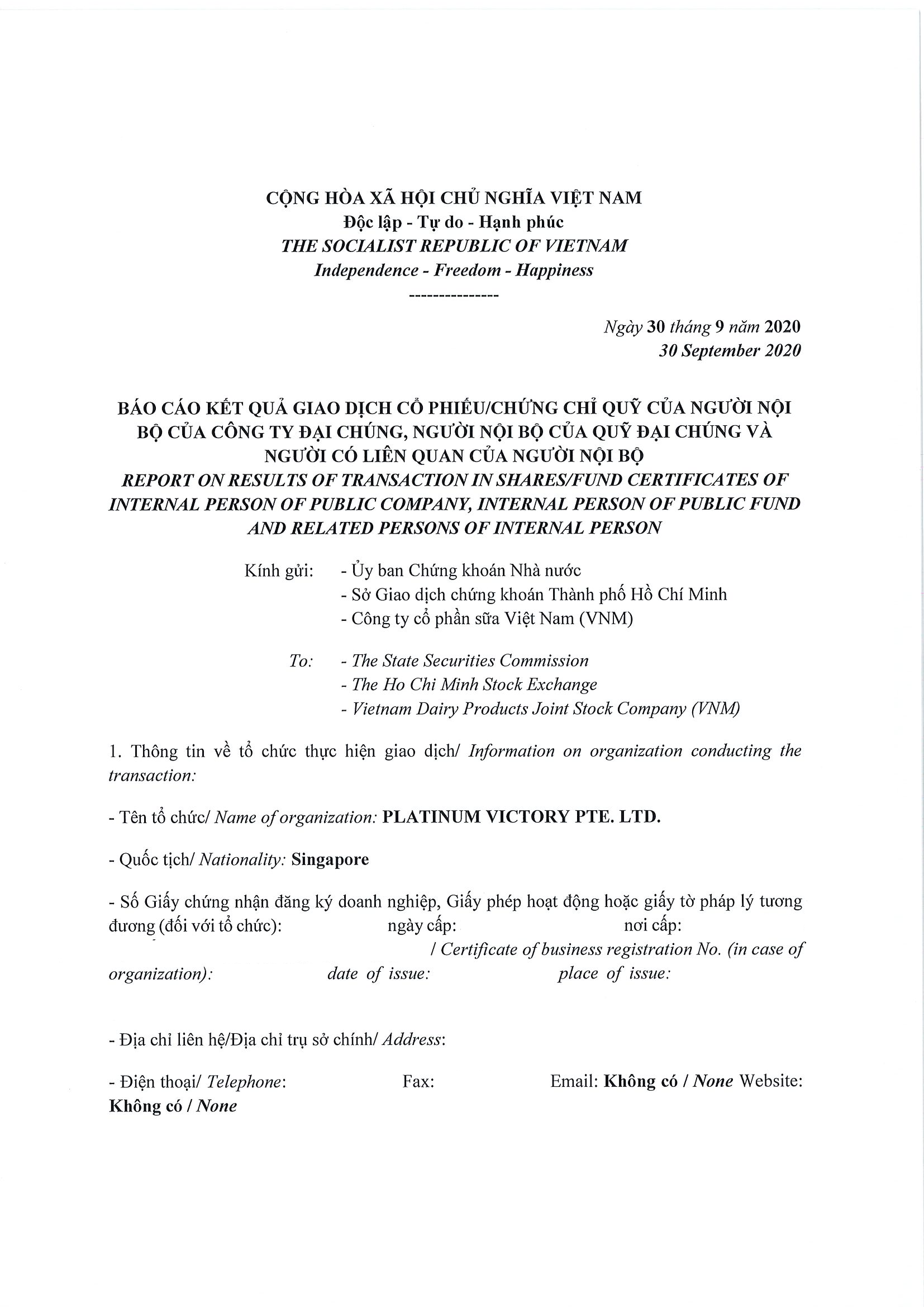Report on results of transaction of internal person from PLATINUM VICTORY PTE. LTD. 1
