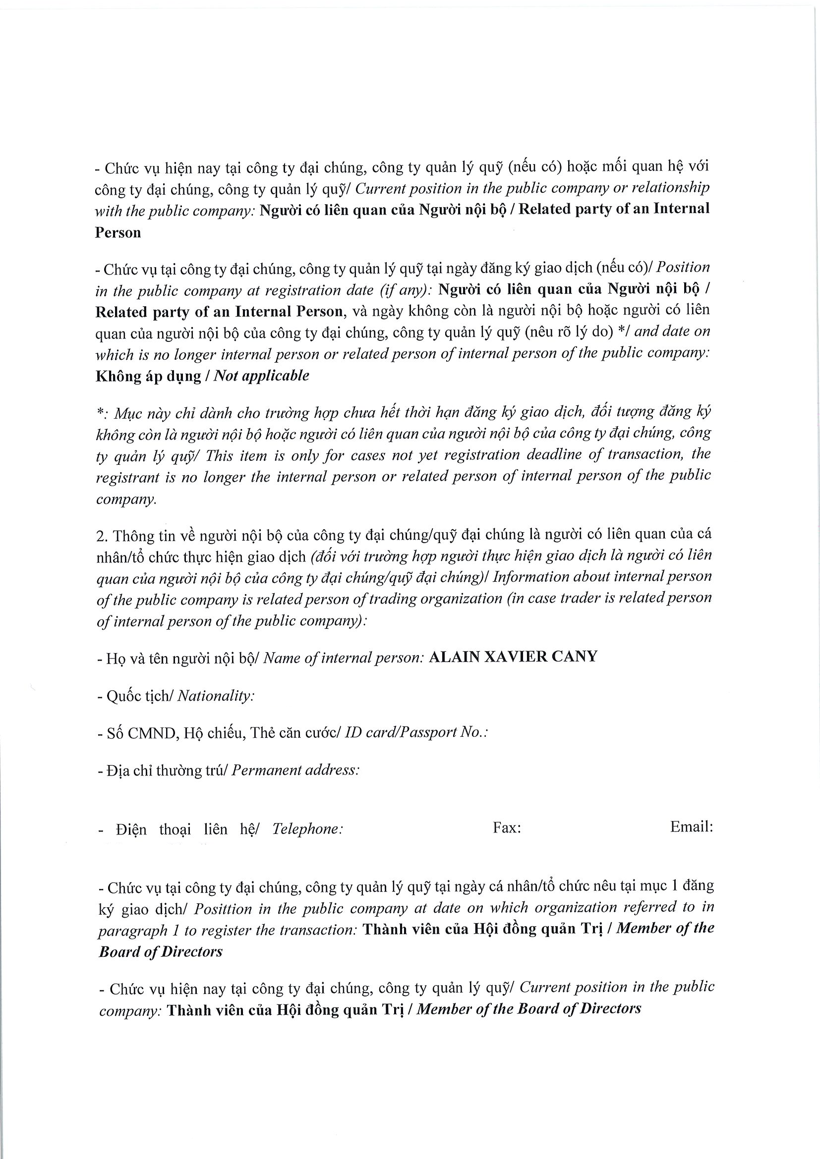 Report on results of transaction of internal person from PLATINUM VICTORY PTE. LTD. 2