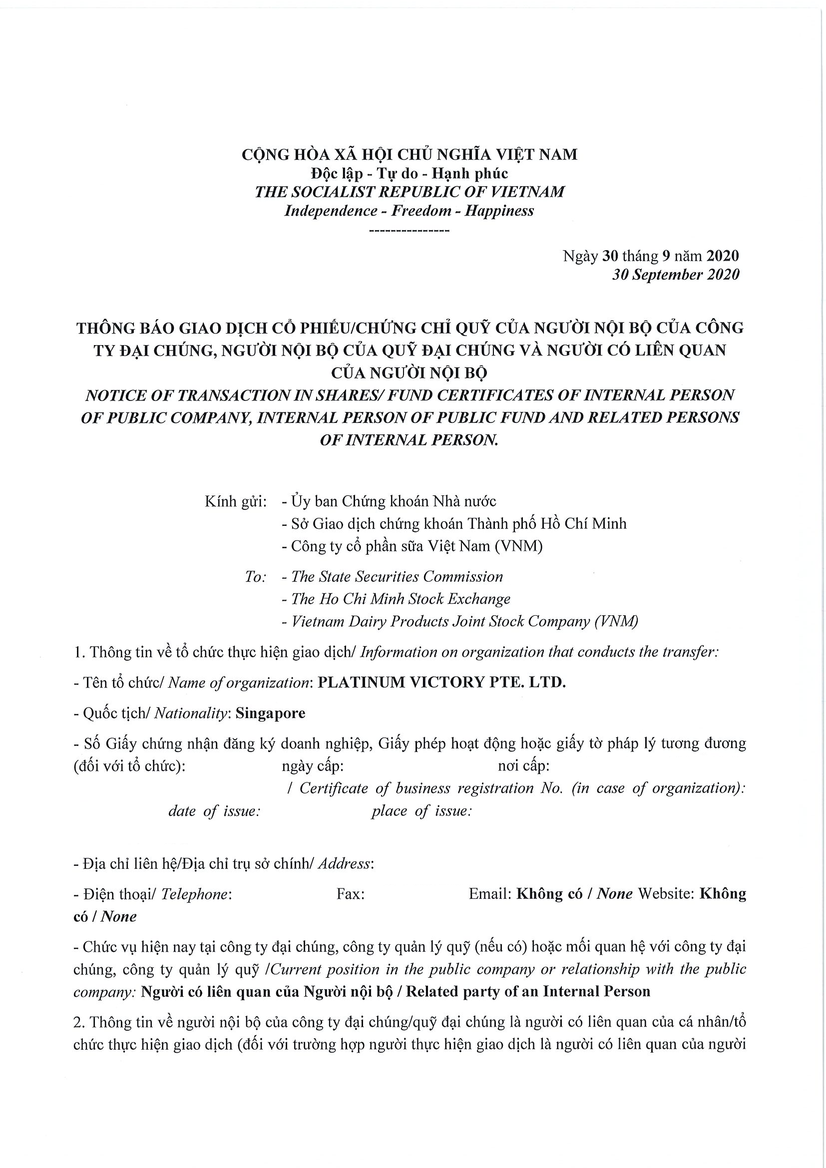 Notice of transaction of internal person from PLATINUM VICTORY PTE. LTD. 1