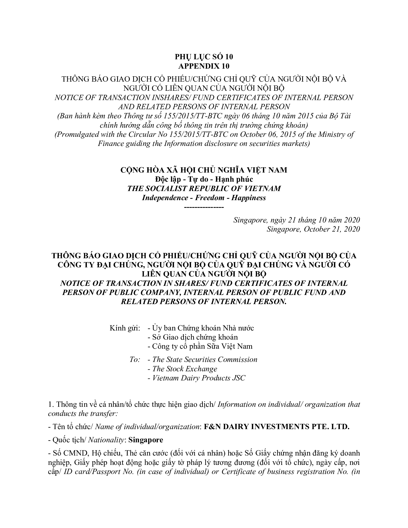Thông báo giao dịch của Người Nội bộ: F&N DAIRY INVESTMENTS PTE. LTD 1