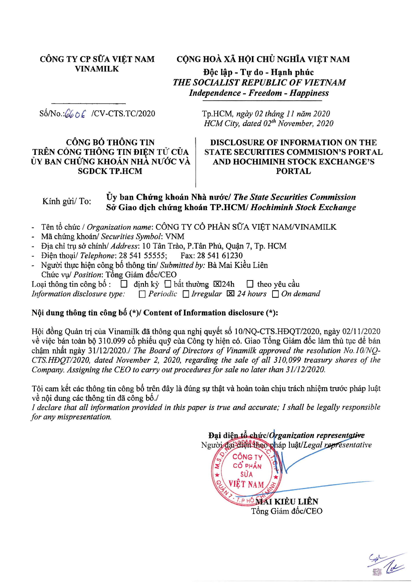 Công bố thông tin nghị quyết HĐQT về việc bán cố phiếu quỹ 1