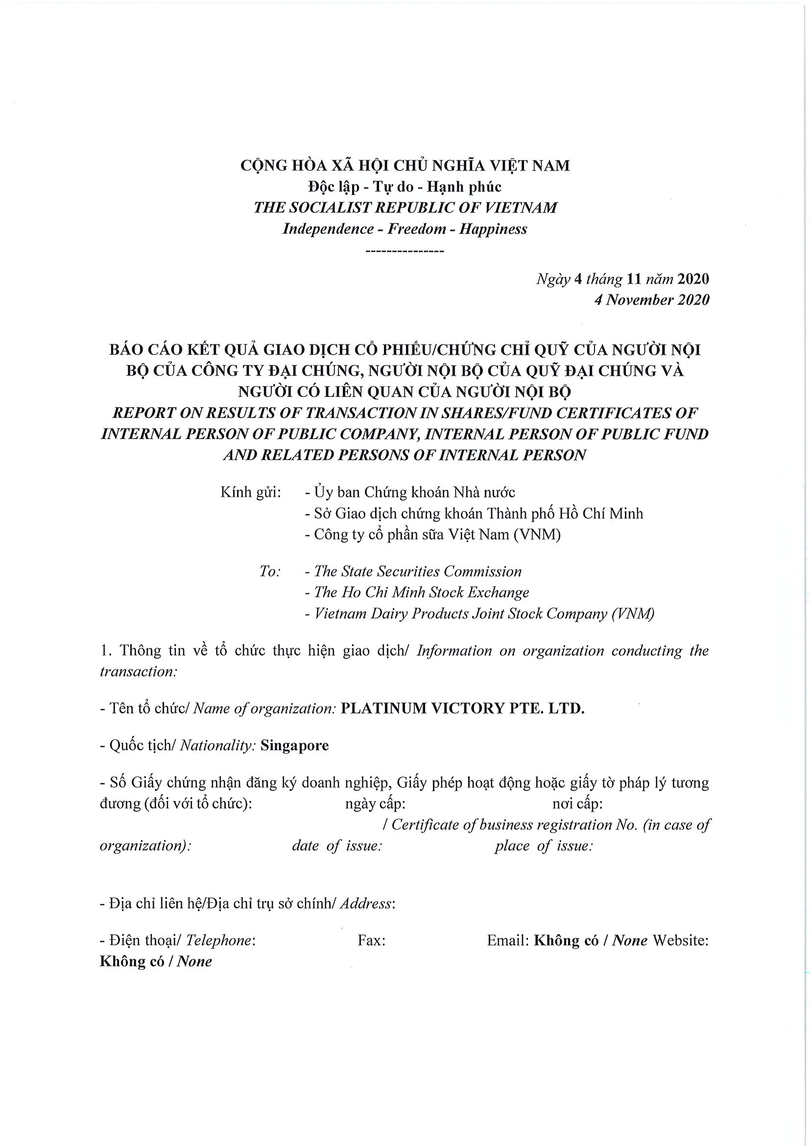 Report on results of transaction of internal person from PLATINUM VICTORY PTE. LTD. 1