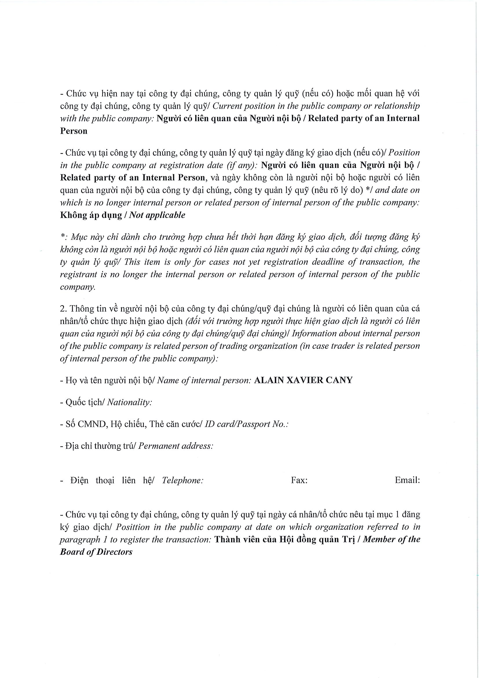 Report on results of transaction of internal person from PLATINUM VICTORY PTE. LTD. 2