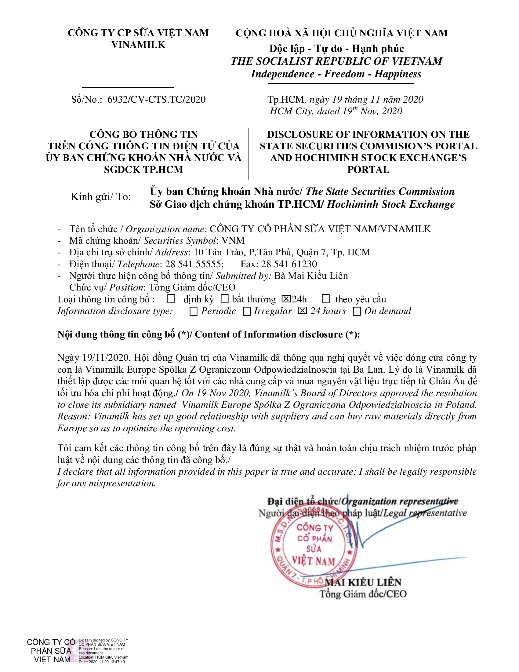 Disclosure of information Board's Resolution to close Vinamilk EU (Poland) 1