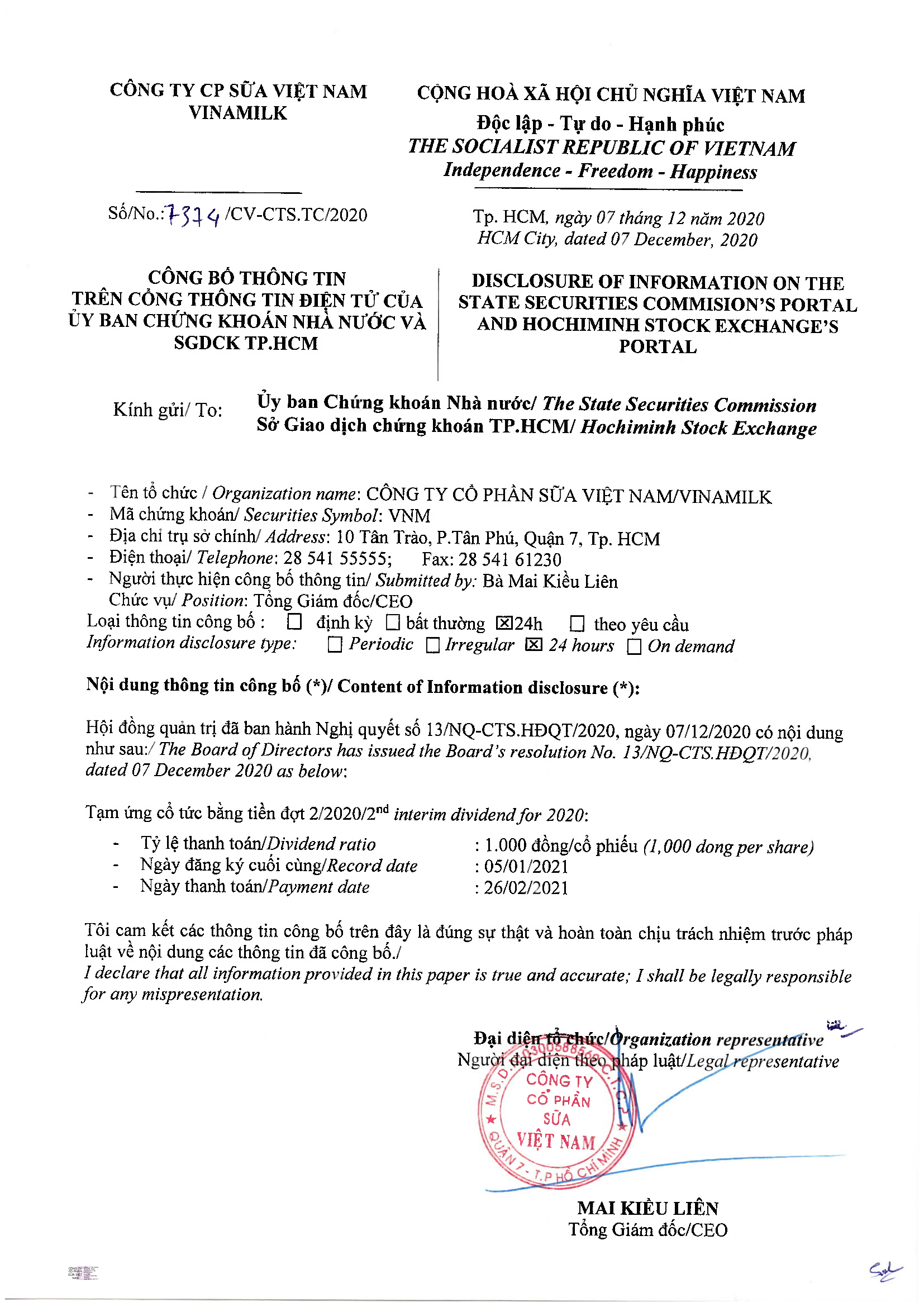 Disclosure of information payment of second interim dividend for 2020 1