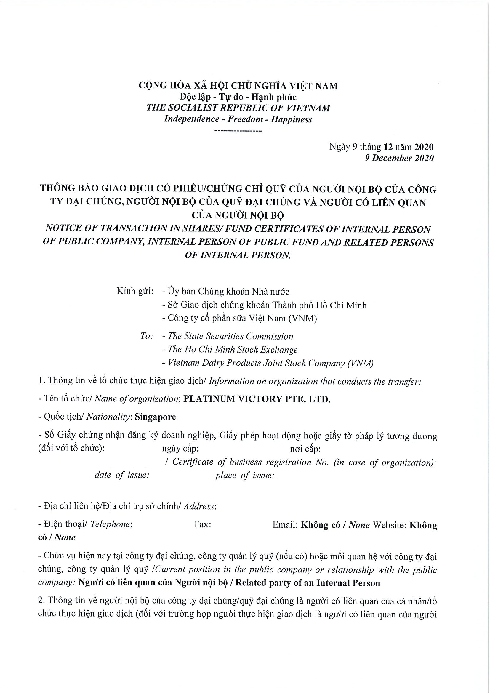 Notice of transaction of internal person from PLATINUM VICTORY PTE. LTD. 1