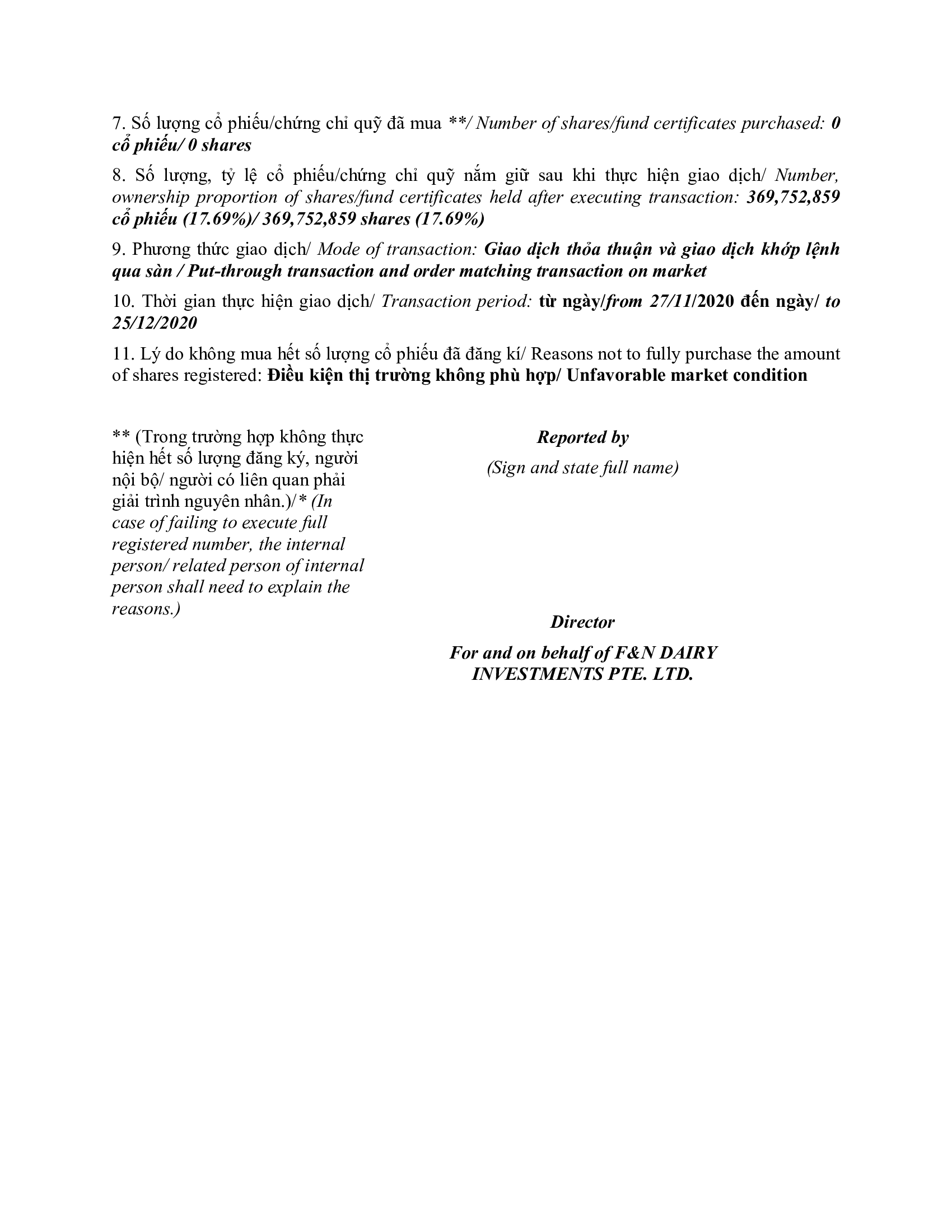 Report on results of transaction of internal person from  F&N DAIRY INVESTMENTS PTE. LTD 3