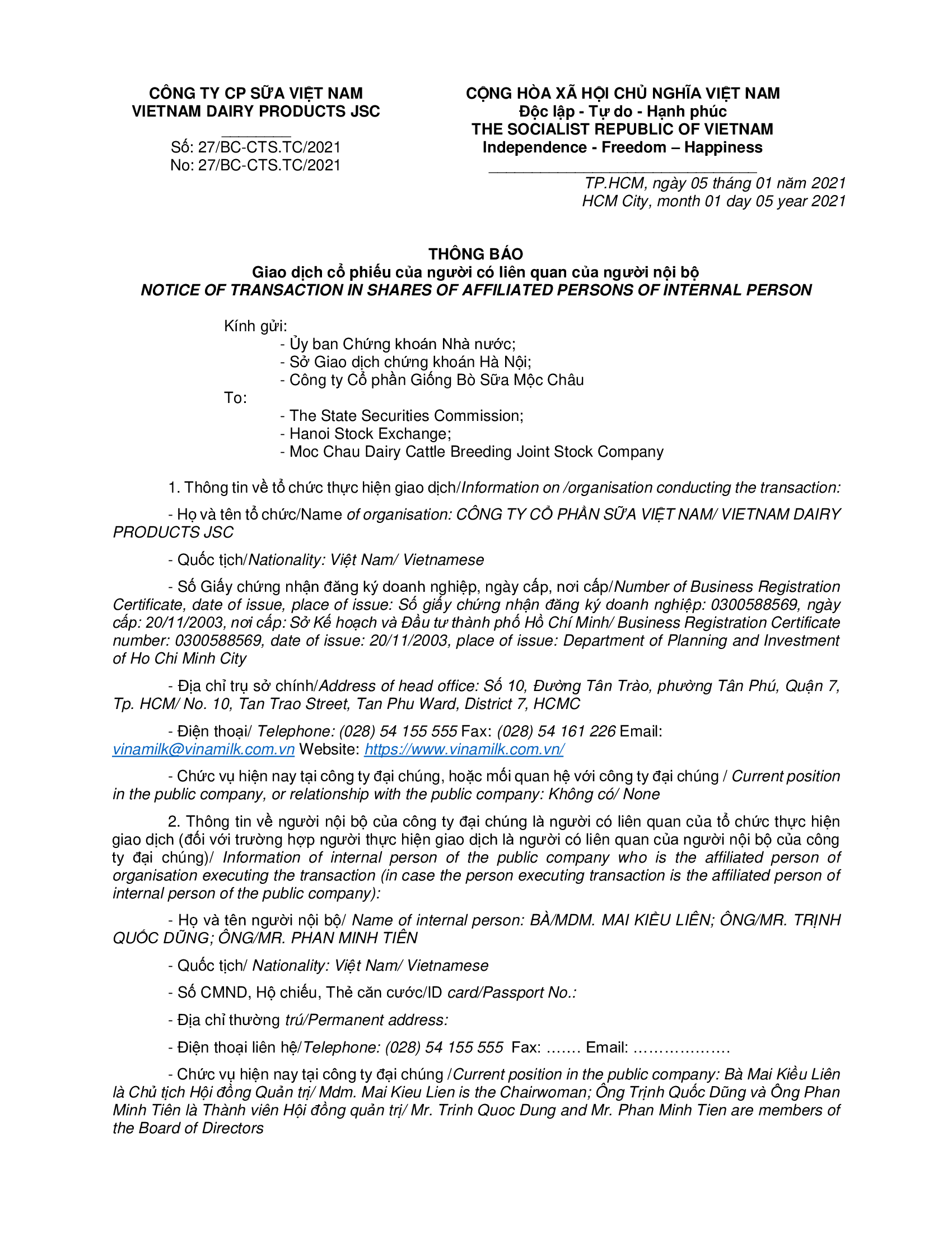 Notice of transaction in shares of affiliated persons of internal person 1