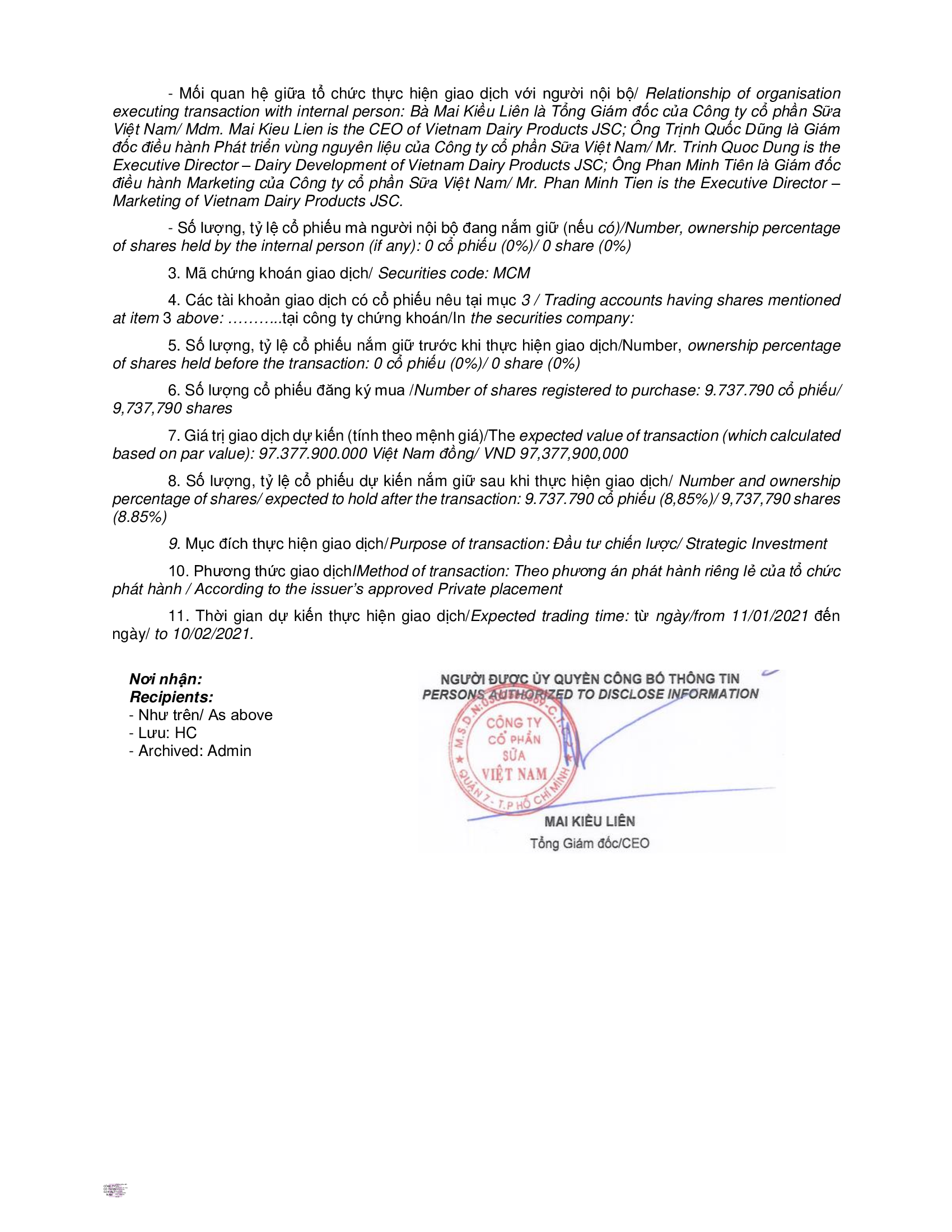 Notice of transaction in shares of affiliated persons of internal person 2