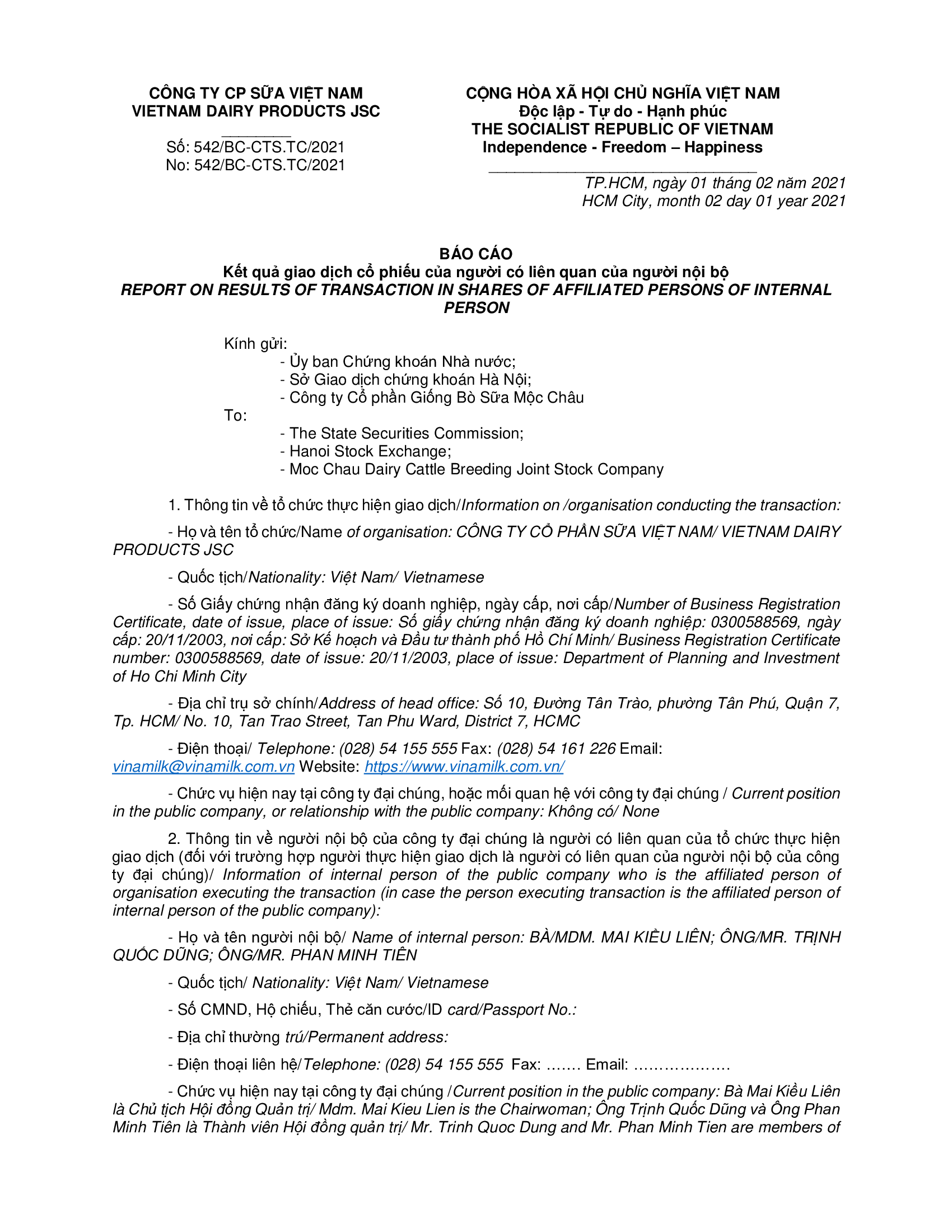 Report on results of transaction in shares of affiliated persons of internal person 1