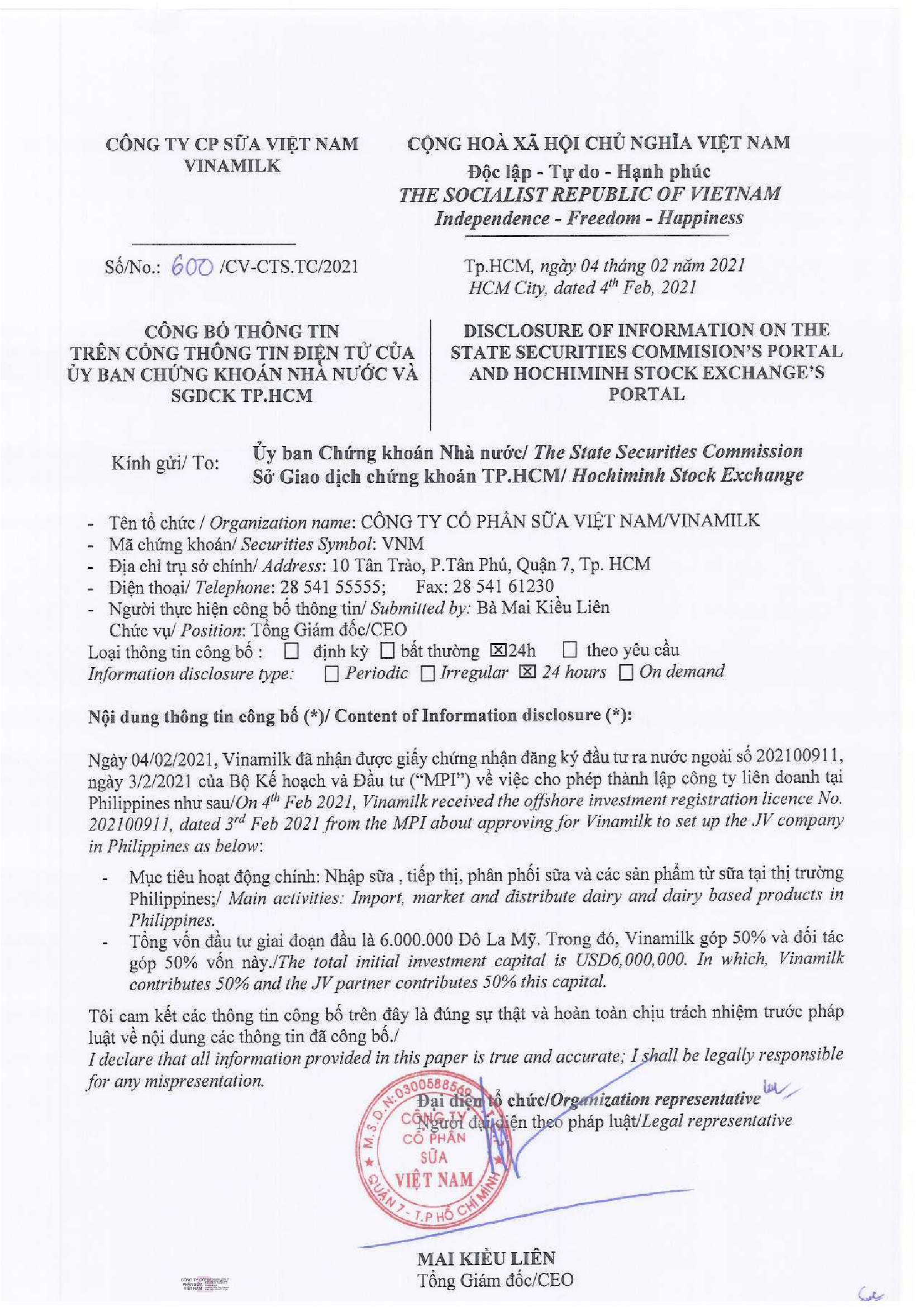 Disclosure of information Vinamilk received licence set up the JV company in Philippines 1