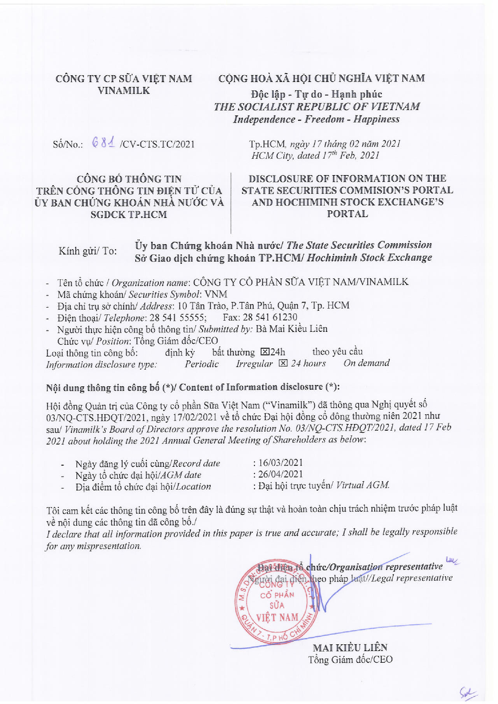 Disclosure of information the resolution about the 2021 AGM of shareholders 1