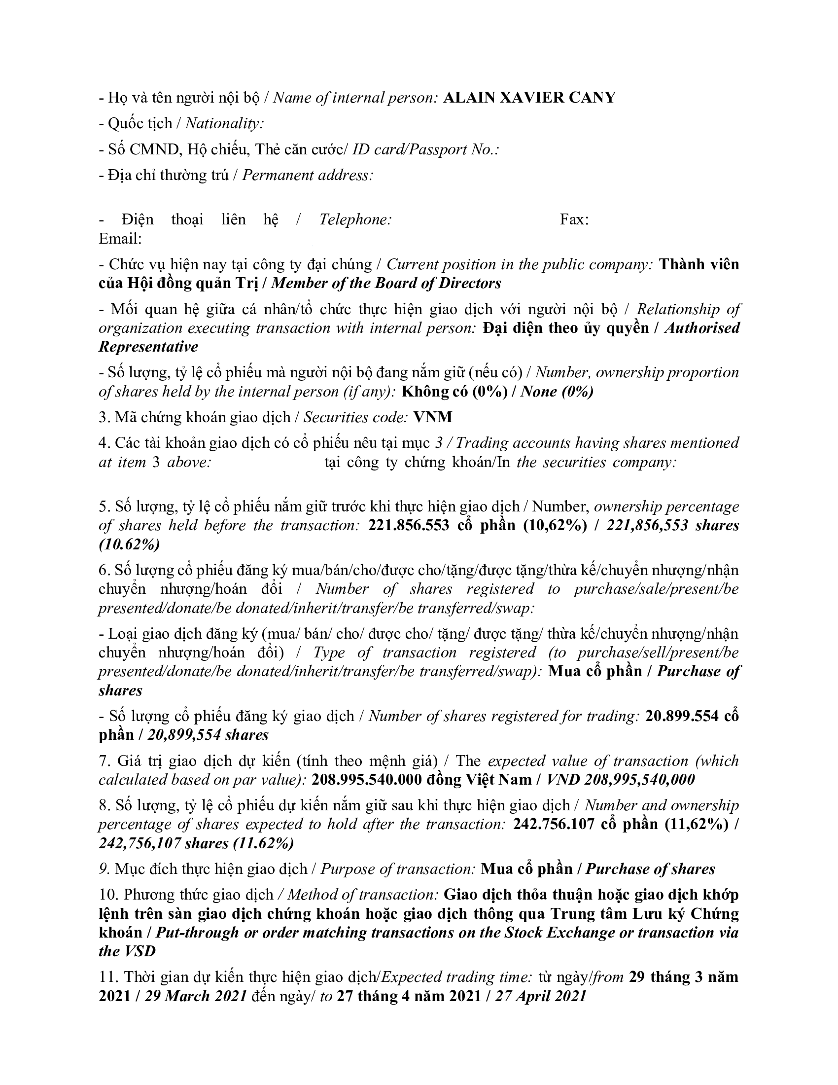 Notice of transaction of internal person from PLATINUM VICTORY PTE. LTD. 2