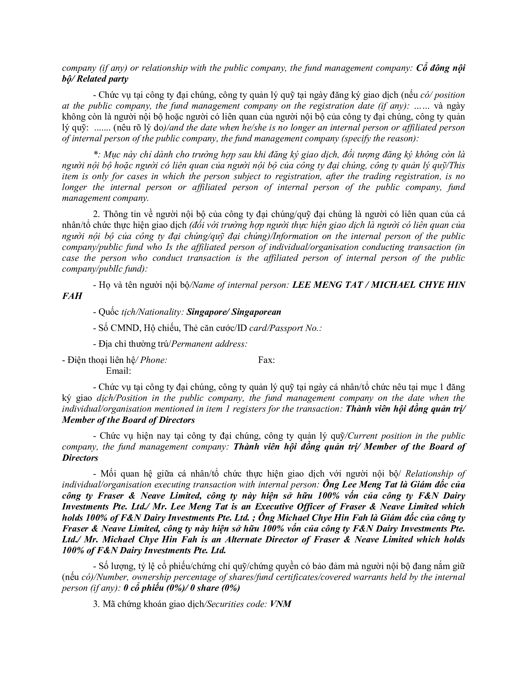 Báo cáo kết quả giao dịch của Người Nội bộ: F&N DAIRY INVESTMENTS PTE. LTD 2