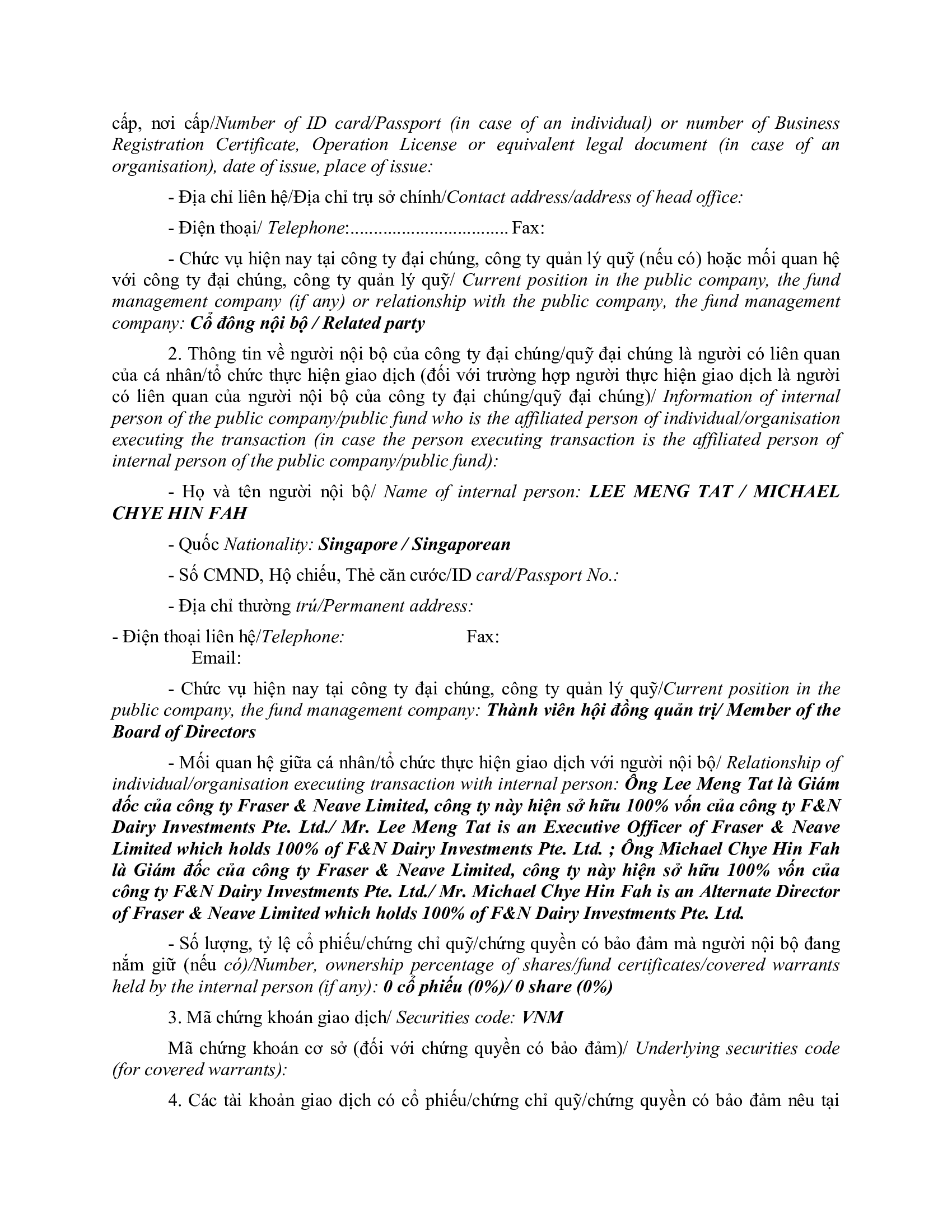 Notice of transaction of internal person from F&N DAIRY INVESTMENTS PTE. LTD 2