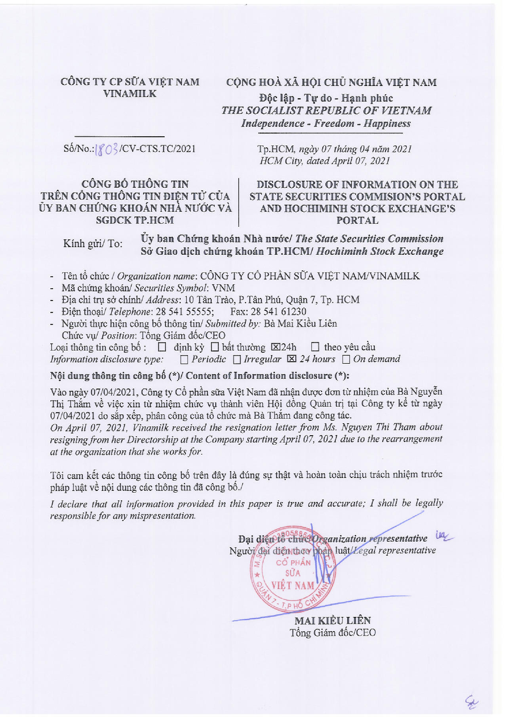 Công bố thông tin thành viên HĐQT từ nhiệm 1