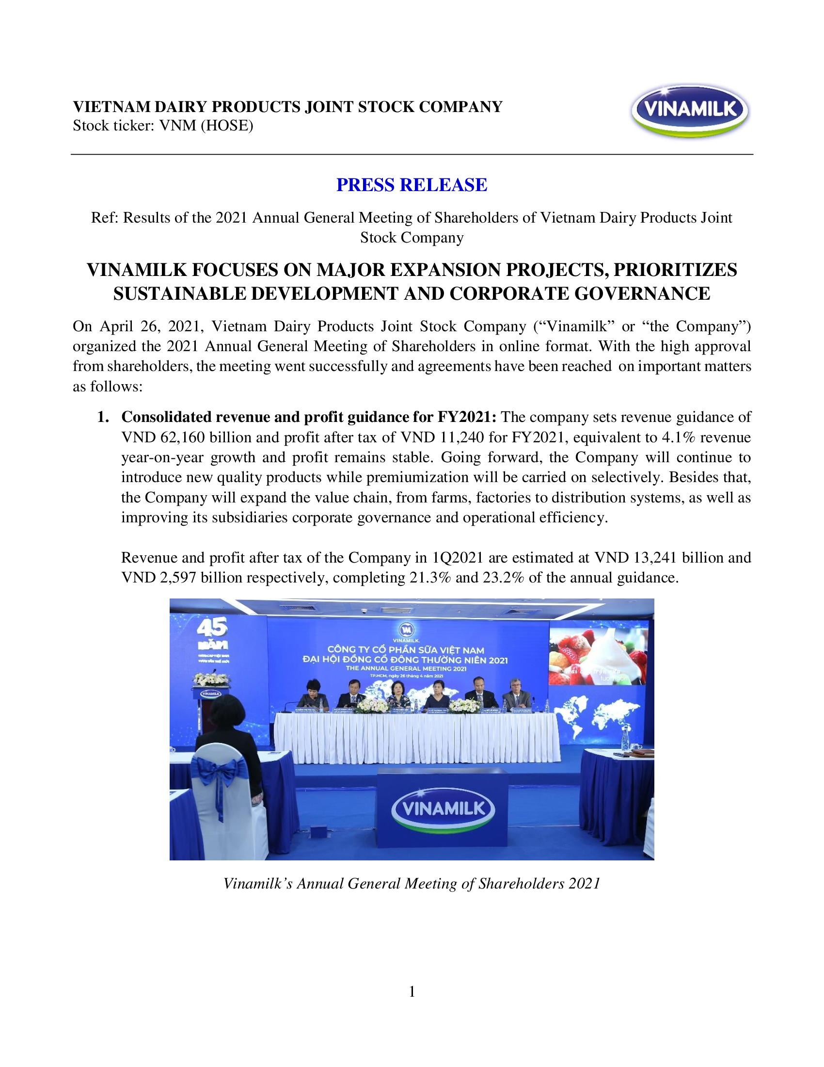 Results of the 2021 Annual General Meeting of Shareholders of Vietnam Dairy Products Joint Stock Company 1
