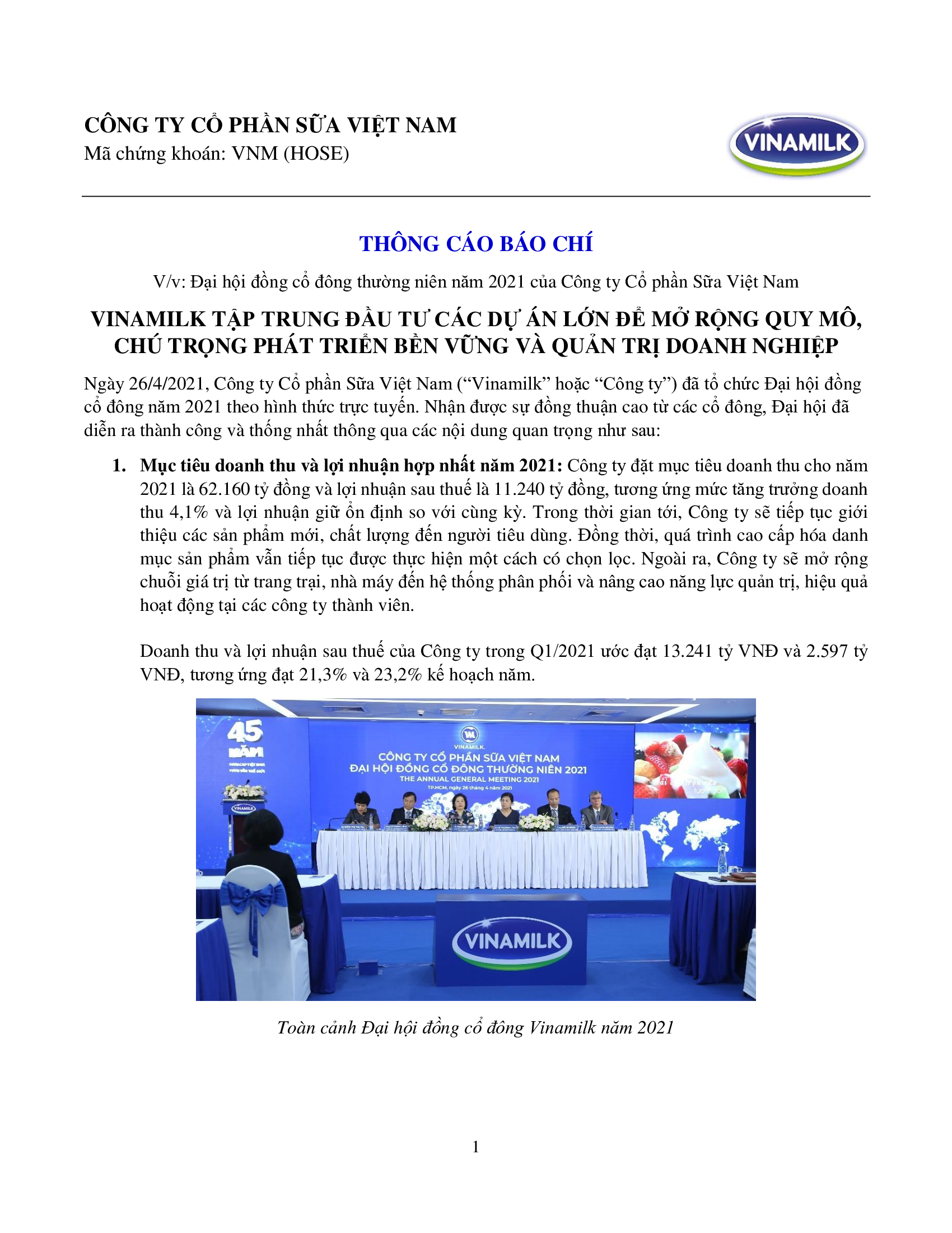 Đại hội đồng cổ đông thường niên năm 2021 của Công ty Cổ phần Sữa Việt Nam 1